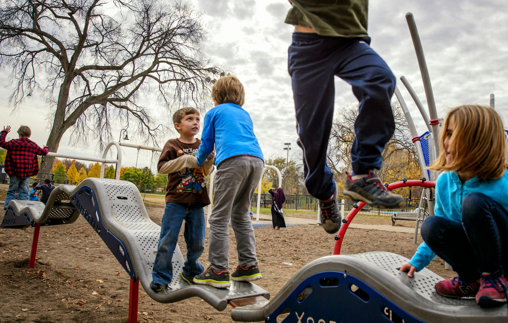 Children from the nearby Seward Montessori School played in Matthews Park, Minneapolis. ] GLEN STUBBE * gstubbe@startribune.com Monday October 26, 2015 Luxton and Matthews parks and the Washburn Avenue totlot were supposed to get playground renovations next year. Phelps was to get a wading pool overhaul. Lyndale Farmstead and Painter parks were slated for building improvements. But all are being shoved off at least a year, along with 10 other future projects under a revamped capital proposal by