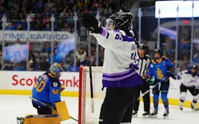 The Frost's Sophie Jaques celebrates after her goal against Toronto goaltender Kristen Campbell during the third period Friday.