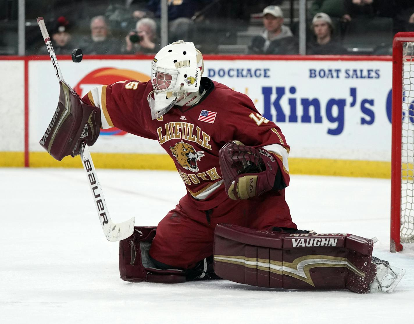 Lakeville South goaltender Henry Welsch (1) made a save in the second period. ] ANTHONY SOUFFLE &#x2022; anthony.souffle@startribune.com Lakeville South High School played Eden Prairie High School in a MSHSL Class 2A boys hockey quarterfinal game Thursday, March 7, 2019 at the Xcel Energy Center in St. Paul, Minn.