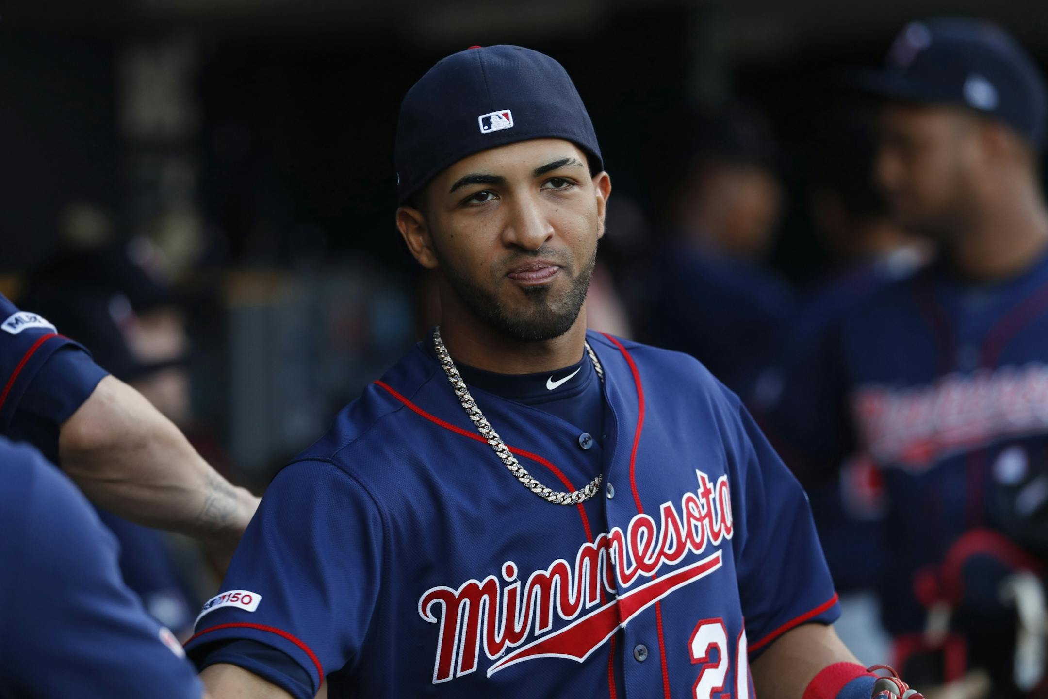 Minnesota Twins' Eddie Rosario warms up before a baseball game against the Detroit Tigers in Detroit, Wednesday, Sept. 25, 2019.