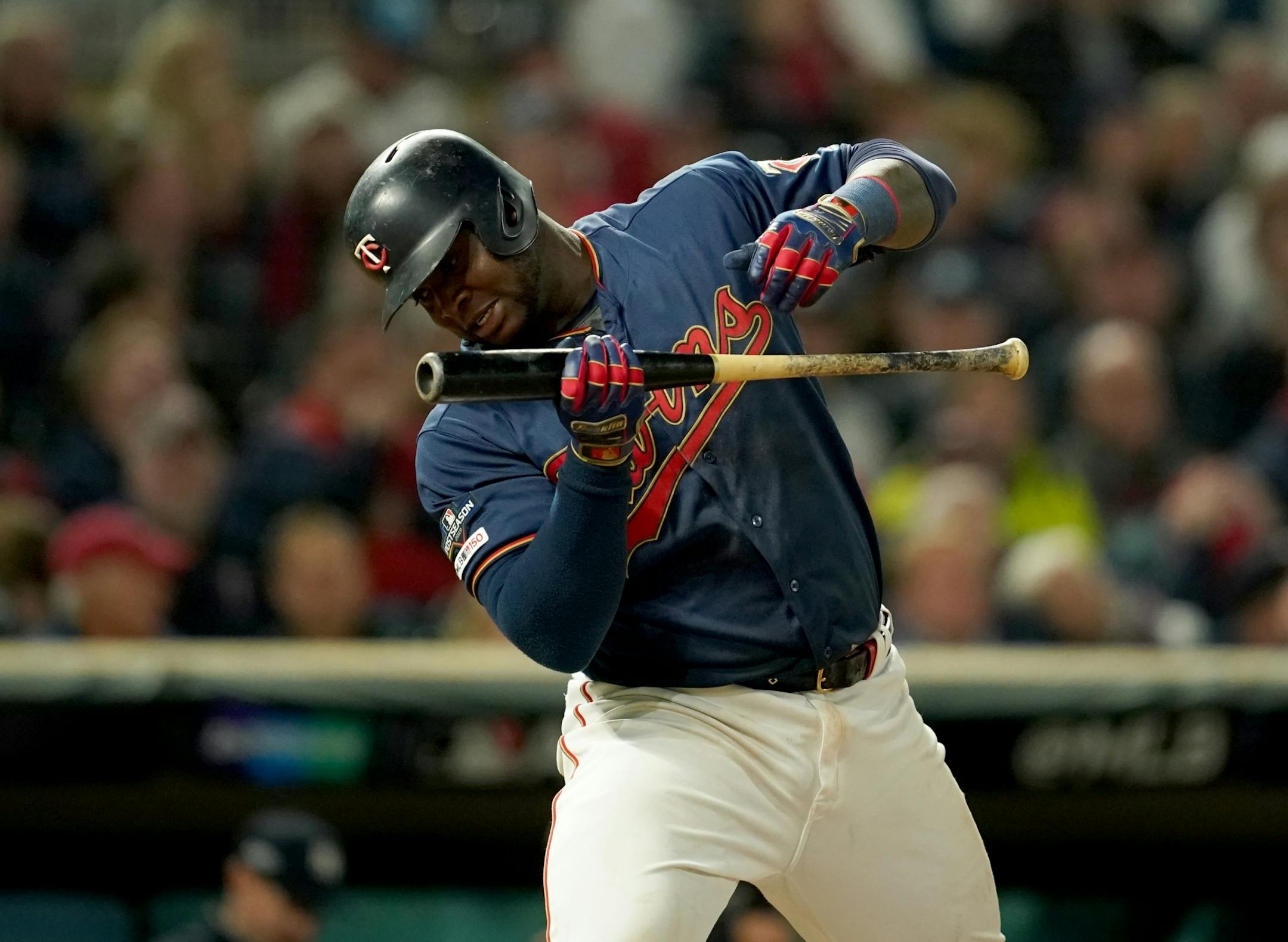 Minnesota Twins third baseman Miguel Sano (22) struck out swinging in the fourth inning.
