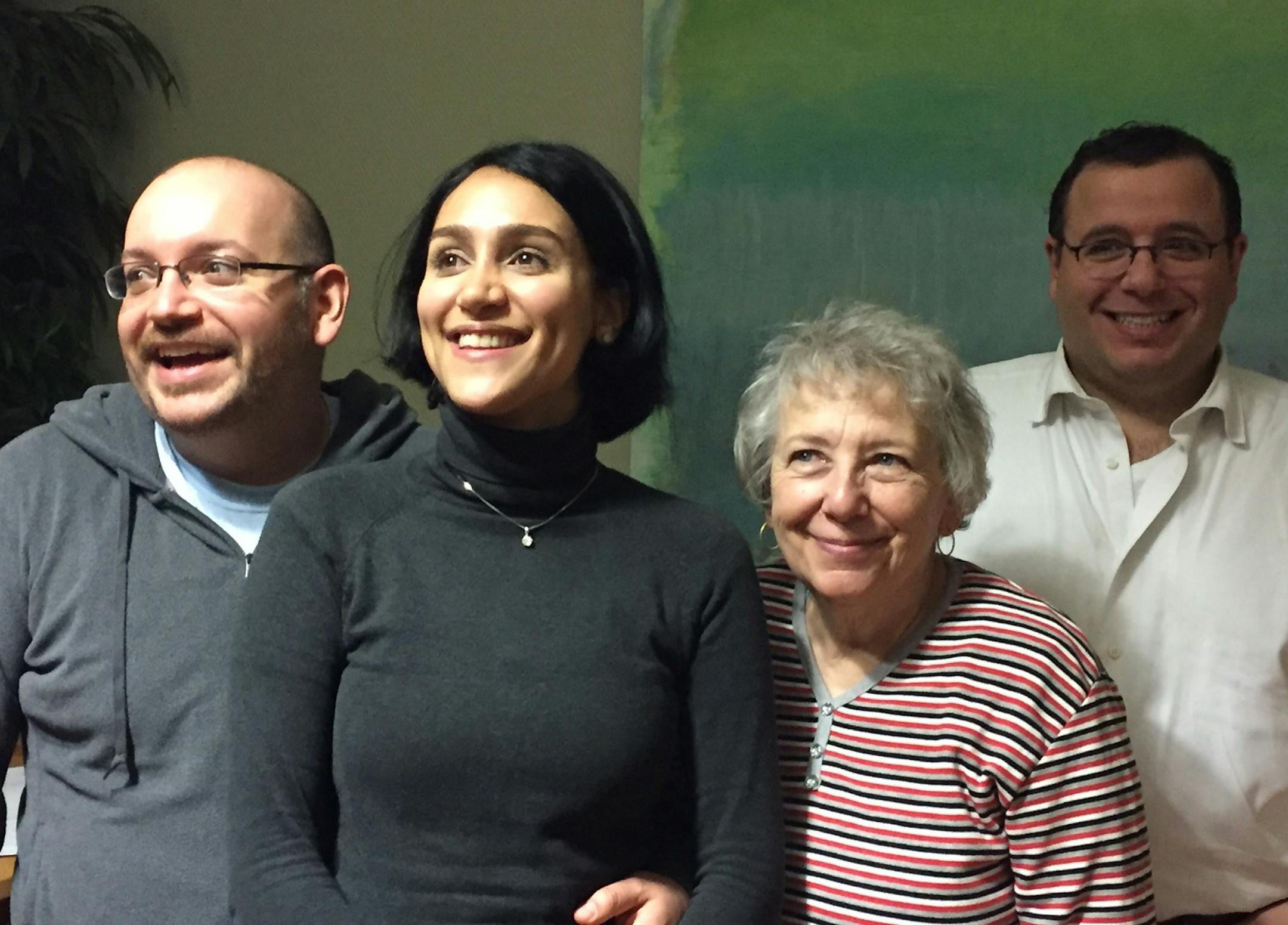 In this photo provided by The Washington Post, from left, Jason Rezaian, his wife Yeganeh Salehi, his mother Mary Rezaian, and brother Ali Rezaian pose for a photo at Landstuhl Regional Medical Center near the Ramstein Air Base, Monday, Jan. 18, 2016 in Landstuhl, Germany. Rezaian, was freed Saturday after almost 18 months of incarceration in an Iranian prison. (Martin Baron/The Washington Post via AP) MAGS OUT; NO SALES; USA TODAY; WASHINGTON EXAMINER; WASHINGTON TIMES; NEW YORK TIMES OUT; MAND