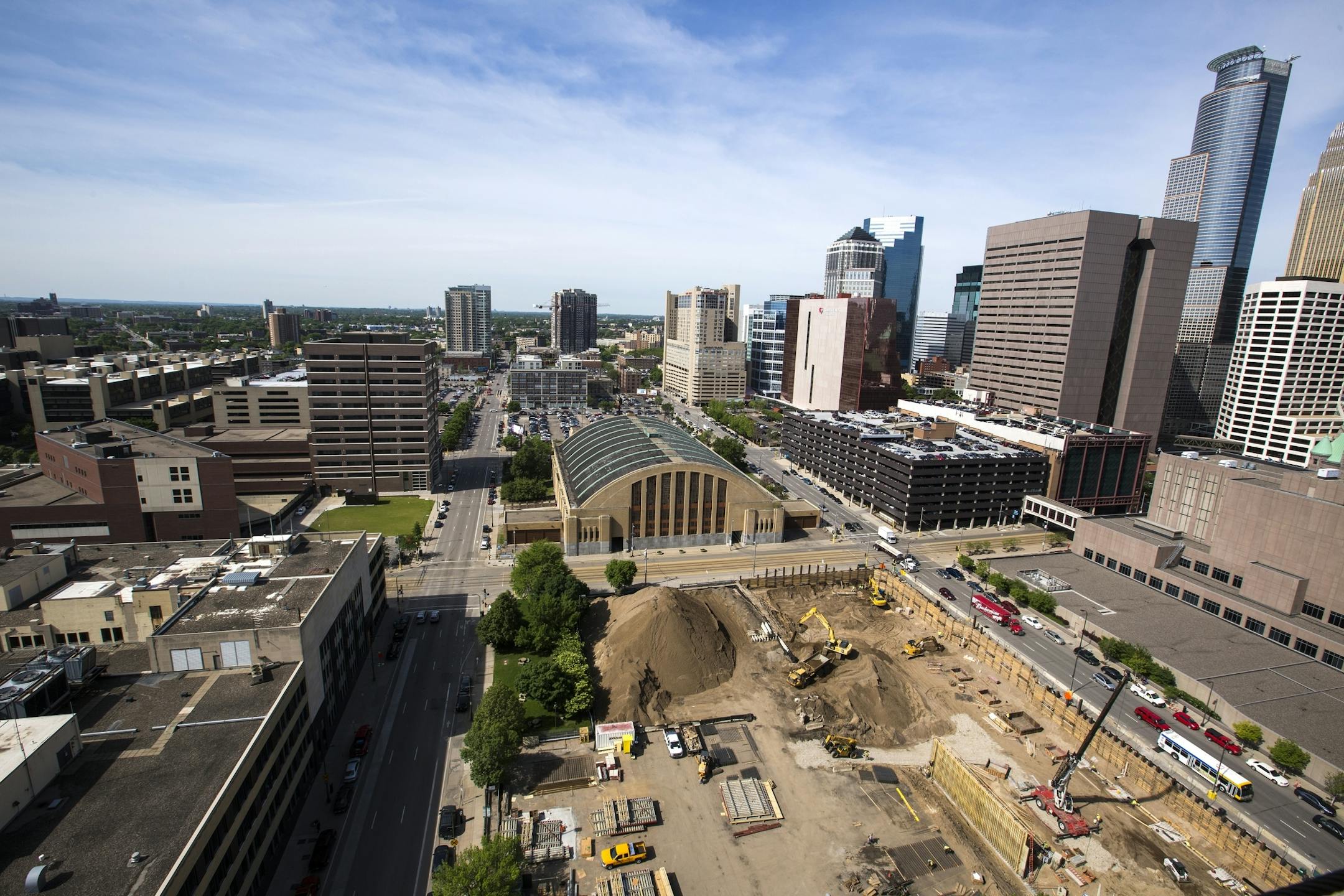 A view of the rest of the Downtown East project and the old Star Tribune building from the 15th floor of one of the Wells Fargo towers in downtown Minneapolis on Tuesday, June 2, 2015.