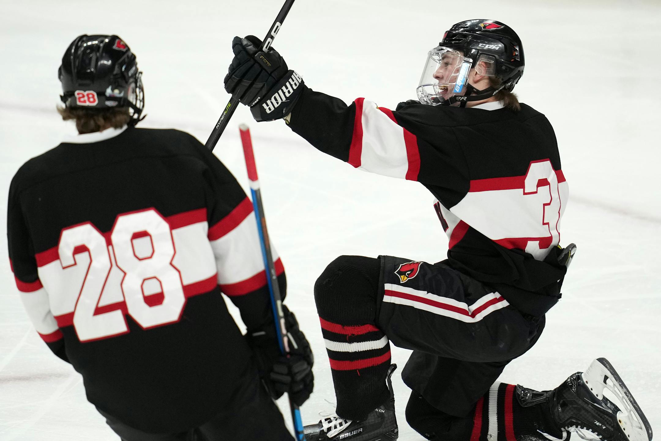 Alexandria forward Leonard Kompelien (3) celebrates after scoring in the first period of a MSHSL Class 1A quarterfinal hockey game between Alexandria and Mahtomedi.