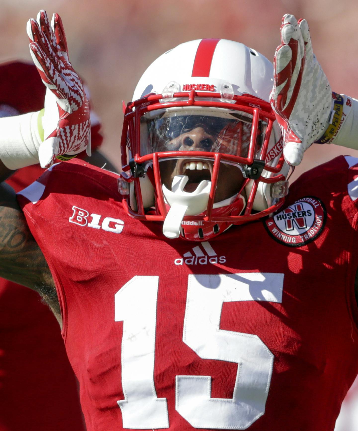 FILE- In this Sept. 17, 2016, file photo, Nebraska wide receiver De'Mornay Pierson-El (15) celebrates a play during the first half of an NCAA college football game against Oregon in Lincoln, Neb. Nebraska's dynamic return man and receiver, is looking more like his old self since coming back from a devastating knee injury. The Cornhuskers would love for him to have a breakout game this week against Wisconsin. (AP Photo/Nati Harnik, File) ORG XMIT: NY187