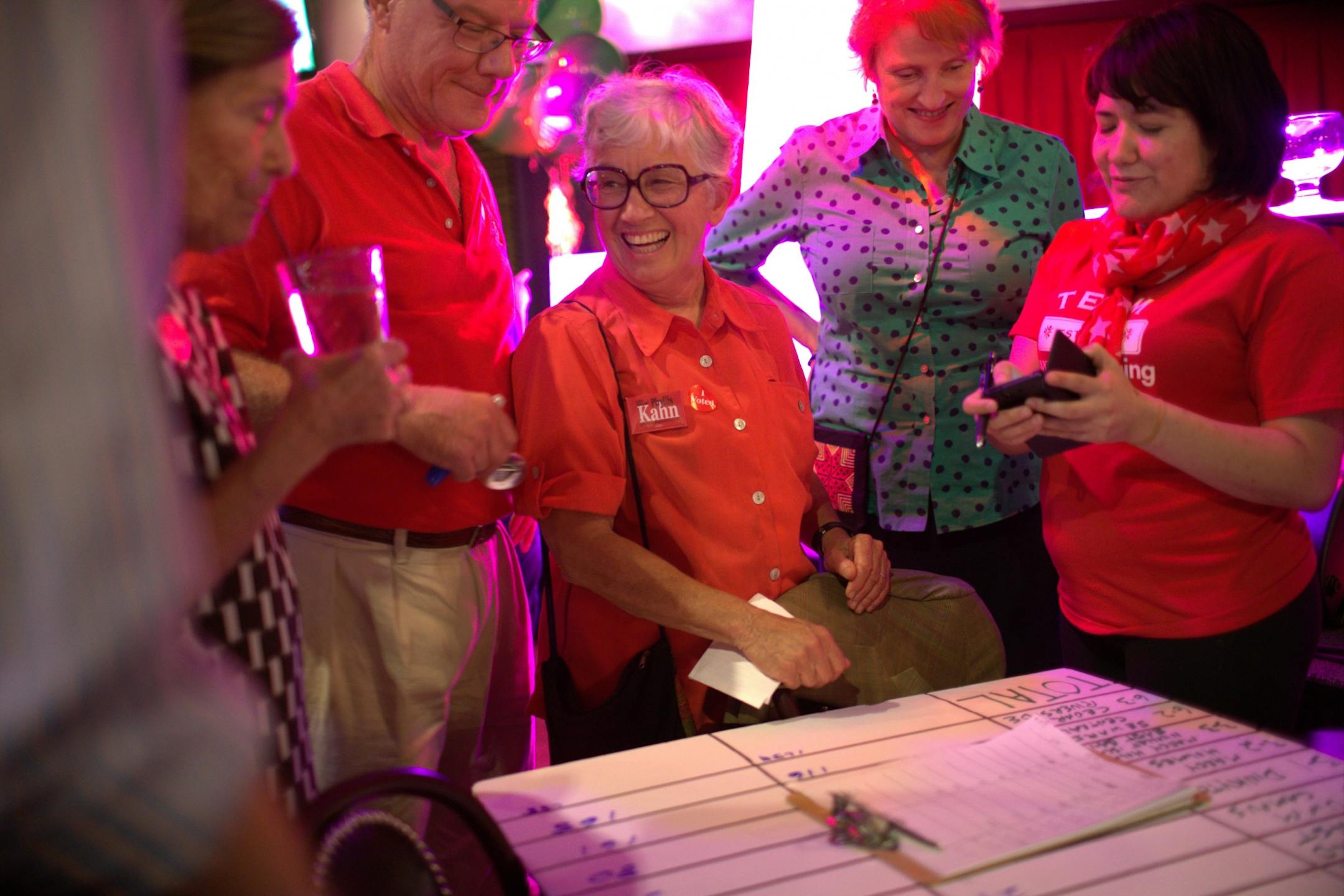 House district 60B primary candidate Rep. Phyllis Kahn laughed with friends and campaign staff as they went trough results soon after the polls closed at Mattie's on Main on Tuesday, August 12, 2014 in Minneapolis, Minn.