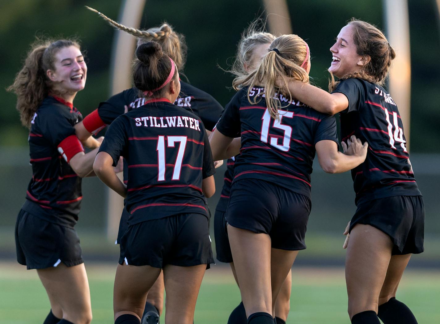 Stillwater players celebrated a goal during a game last week against Rosemountby Brooke Nelson (14) in the first half Tuesday, September 6, 2022, at Stillwater High School in Stillwater, Minn.] CARLOS GONZALEZ • carlos.gonzalez@startribune.com