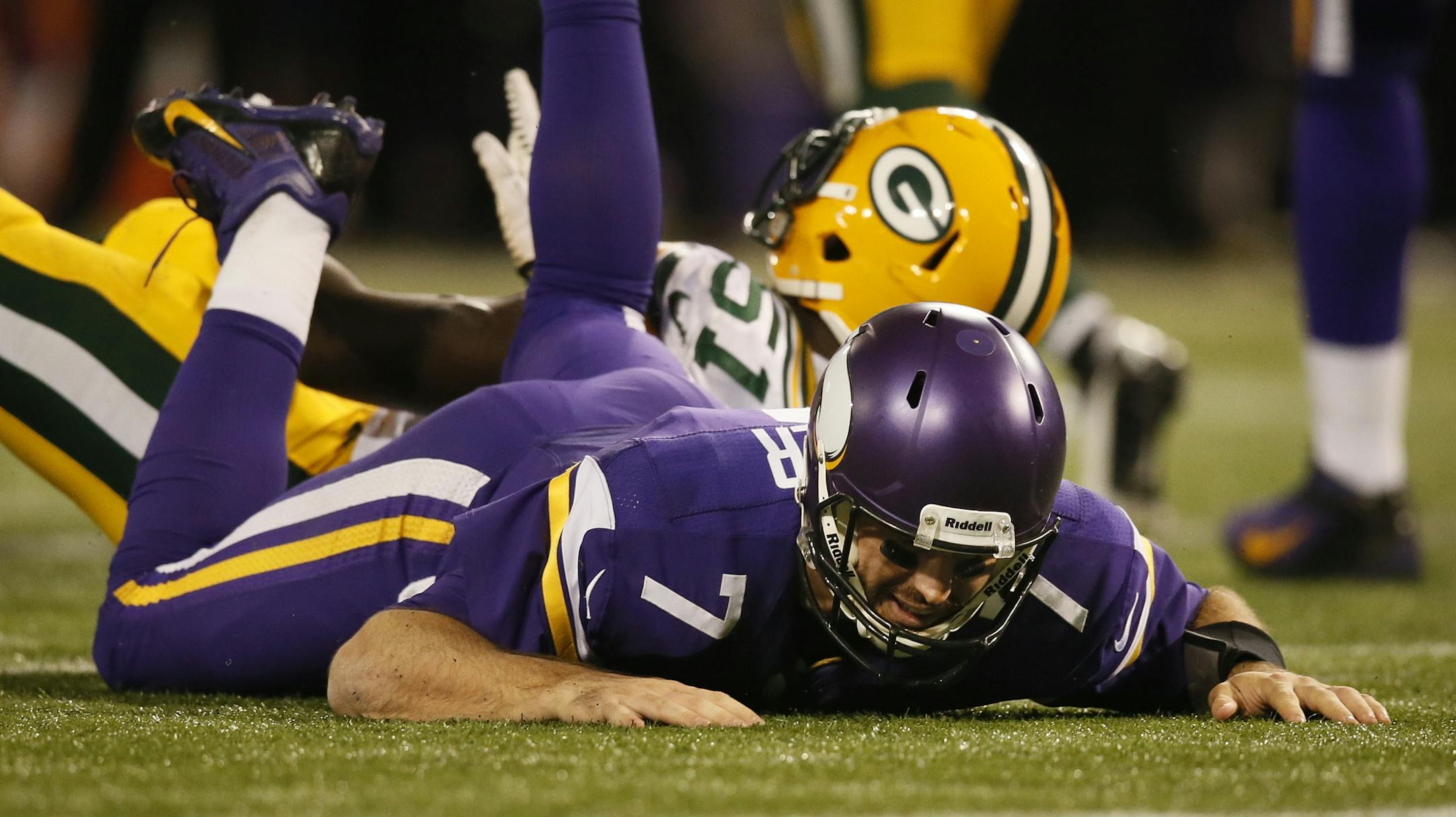 Vikings quarterback Christian Ponder found himself on the turf on the final drive of the game.