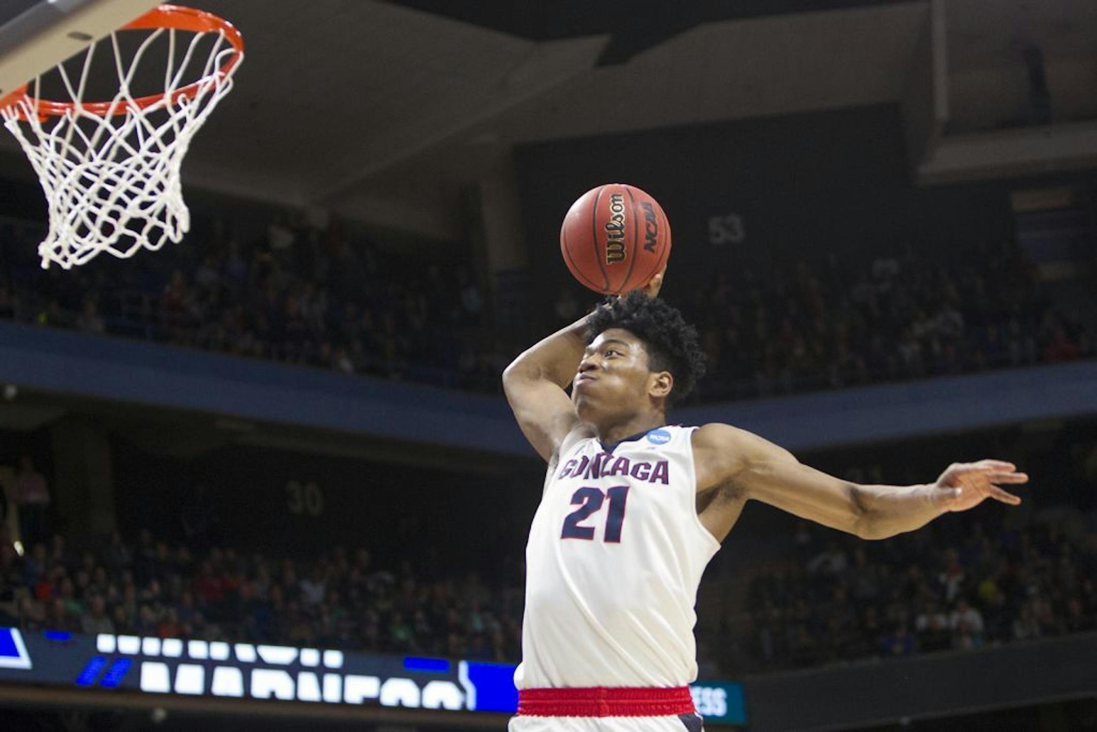Gonzaga's Rui Hachimura winds up for a slam dunk late in the Bulldogs' 90-84 win against Ohio State during the second round of the NCAA Tournament West Regional on Saturday, March 17, 2018, at Taco Bell Arena in Boise, Idaho.