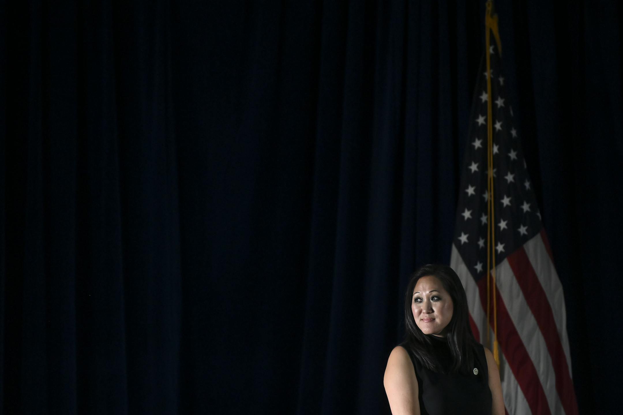MN GOP Chair Jennifer Carnahan waited for Second Lady Karen Pence and Lara Trump to take the stage Wednesday night. ] Aaron Lavinsky • aaron.lavinsky@startribune.com The Minnesota GOP held a "Women for Trump" event with Second Lady Karen Pence and President Trump's daughter-in-law, Lara Trump, on Wednesday, Oct. 9, 2019 at Union Depot in St. Paul, Minn.
