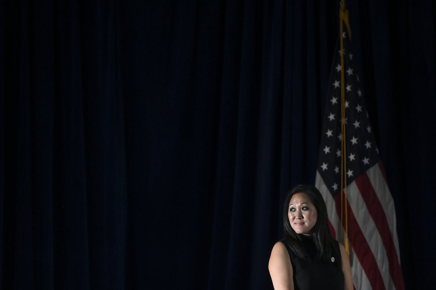 MN GOP Chair Jennifer Carnahan waited for Second Lady Karen Pence and Lara Trump to take the stage Wednesday night. ] Aaron Lavinsky • aaron.lavinsky@startribune.com The Minnesota GOP held a "Women for Trump" event with Second Lady Karen Pence and President Trump's daughter-in-law, Lara Trump, on Wednesday, Oct. 9, 2019 at Union Depot in St. Paul, Minn.