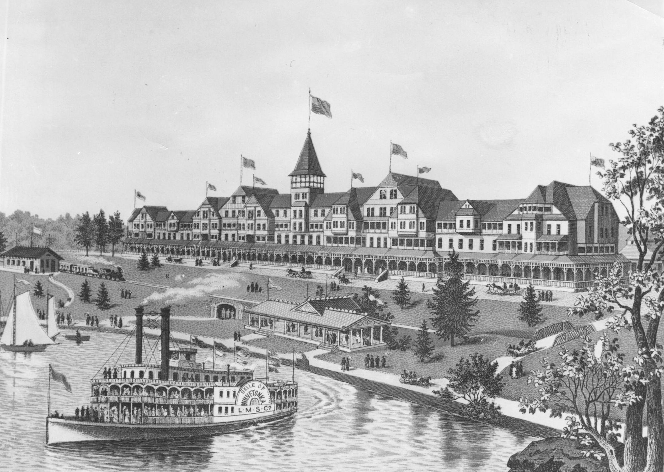 The 300-room Lafayette Hotel on Lake Minnetonka's north shore was built in 1882. It hosted grand events such as formal dances, concerts, and tennis tournaments before burning down in 1897.