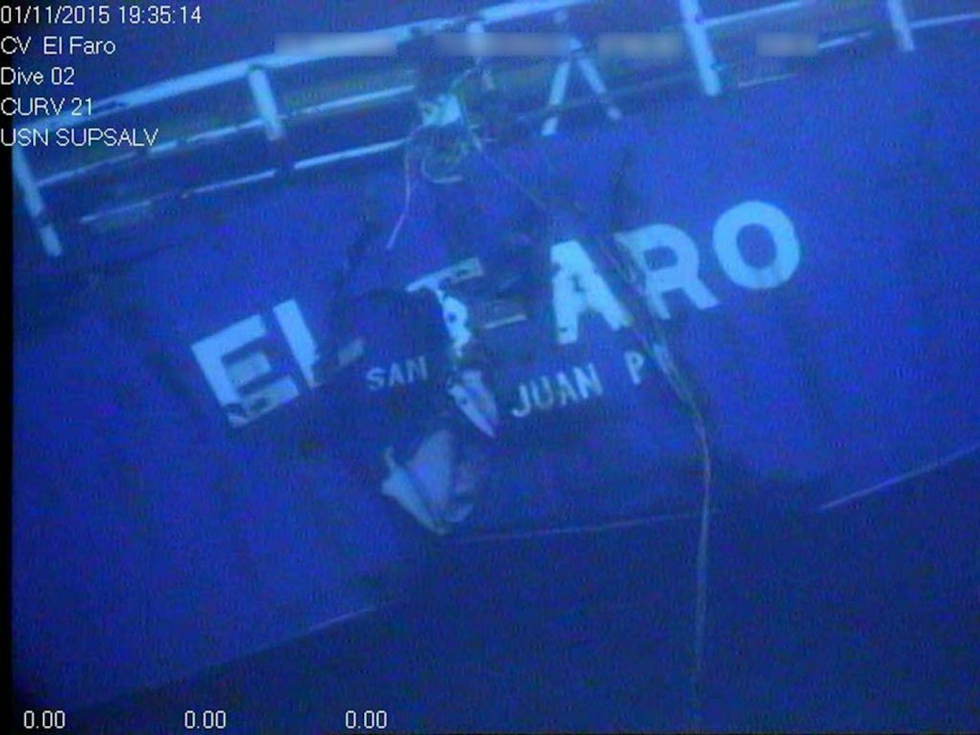 FILE - This undated image made from a video released April 26, 2016, by the National Transportation Safety Board shows the stern of the sunken ship El Faro. Amid howling winds, blinding squalls and massive waves, the freighter El Faro and its crew struggled for survival _ unaware that their course was taking them directly into the path of Hurricane Joaquin. All 33 crew members were killed.