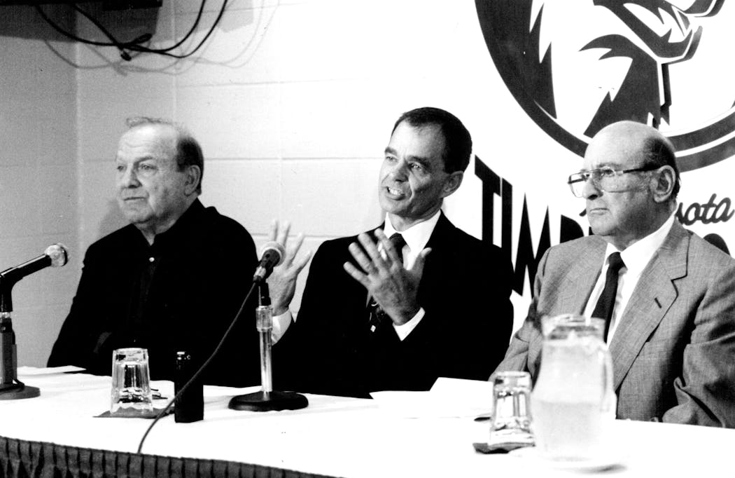 New Timberwolves owner, Glen Taylor, center, sat between Marv Wolfenson, left, and Harvey Ratner, right as they announced Taylor’s acquisition of the team in August of 1994 at Target Center.