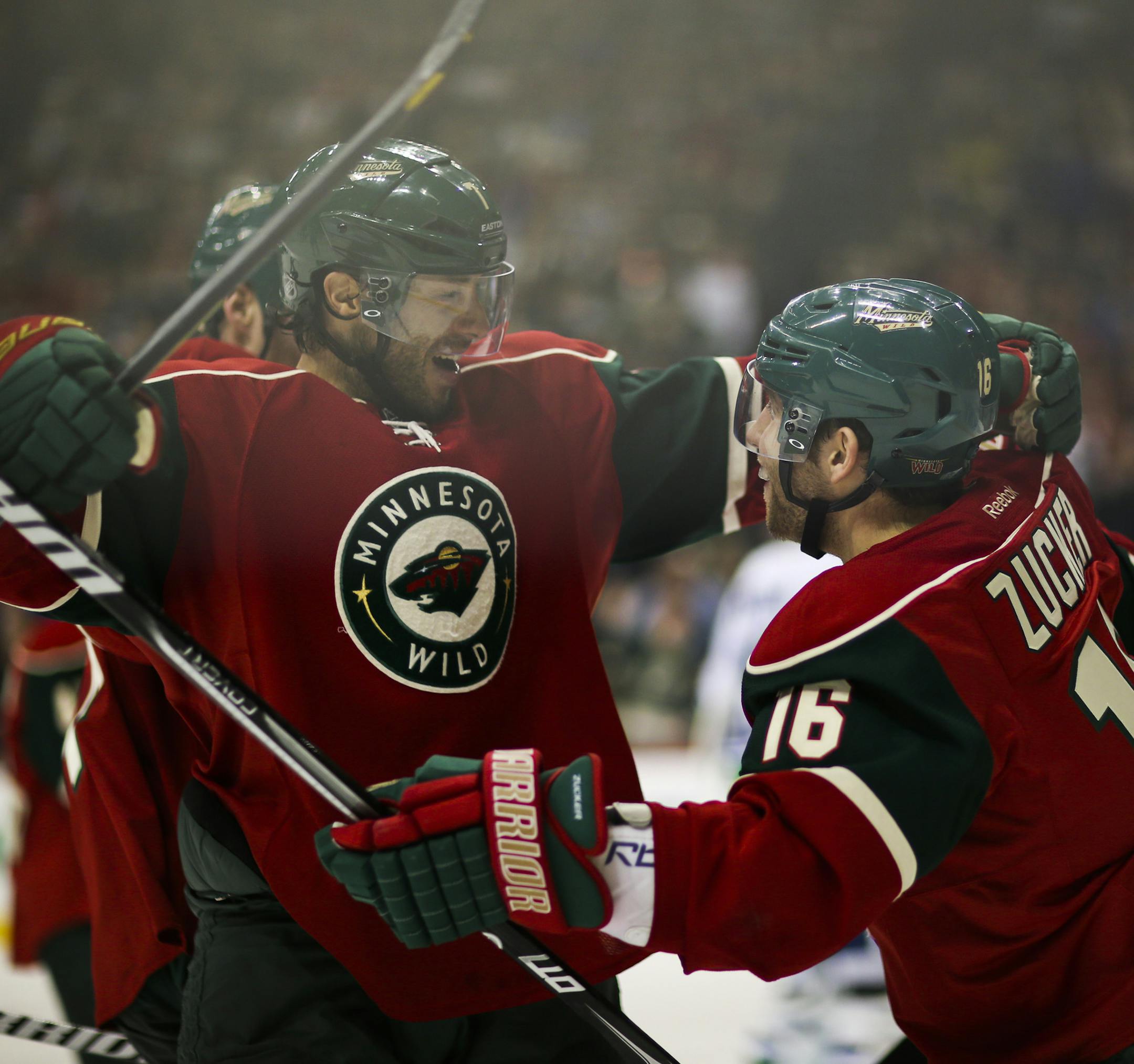 The Minnesota Wild faced the Vancouver Canucks in an NHL hockey game Sunday night, March 10, 2013 at Xcel Energy Center in St. Paul, Minn. The Wild's Matt Cullen, left reached to embrace temmate Jason Zucker after Zucker's first period goal put Minnesota ahead 2-0 Sunday night. ] JEFF WHEELER ‚Ä¢ jeff.wheeler@startribune.com