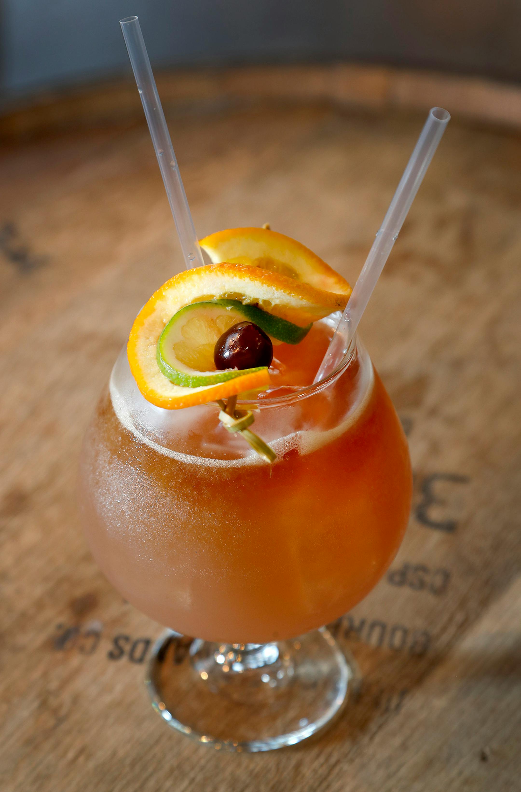 Kon-Tiki. Overvann Aquavit, lingonberry grenadine, roasted pineapple syrup, orange hazelnut falernum, lime, molasses Voyageur Aquavit float at Vikre Distillery in the Canal Park area of Duluth.