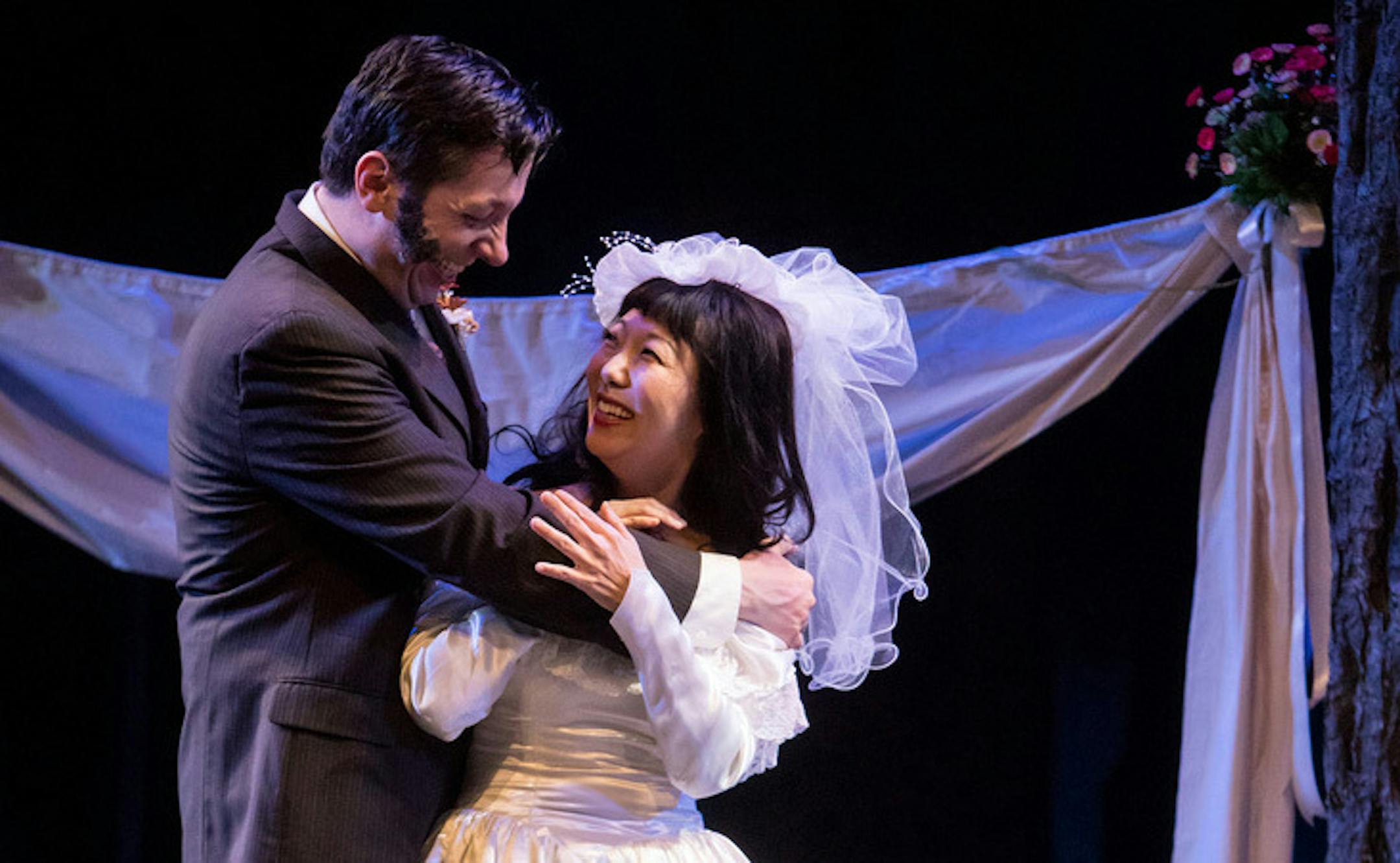 Max Wojtanowicz (Le Beau/Silvius) and Sun Mee Chomet (Phoebe) in the Guthrie Theater's production of As You Like It by William Shakespeare and directed by Lavina Jadhwani. credit: Dan Norman
