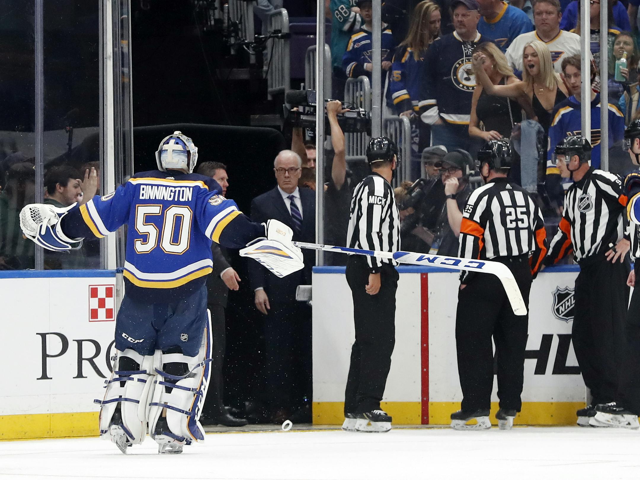 St. Louis Blues goaltender Jordan Binnington (50) and defenseman Alex Pietrangelo (27) argue against the winning goal by the San Jose Sharks in overtime of Game 3 of the NHL hockey Stanley Cup Western Conference final series Wednesday, May 15, 2019, in St. Louis. The Sharks won 5-4 to take a 2-1 lead in the series. (AP Photo/Jeff Roberson)