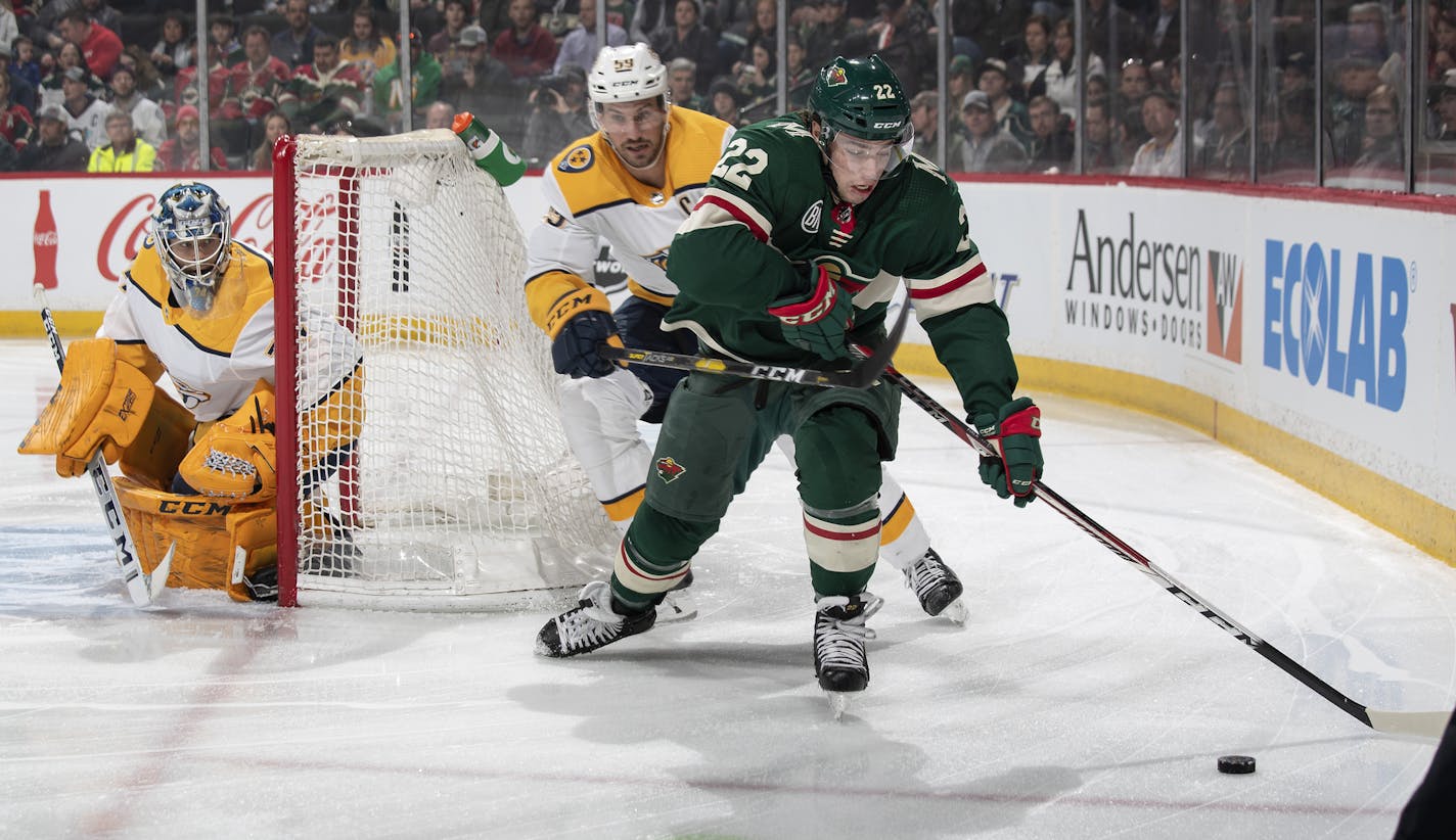 Kevin Fiala (22) skated with the puck in the first period. ] CARLOS GONZALEZ &#x2022; cgonzalez@startribune.com &#x2013; St. Paul, MN &#x2013; March 25, 2019, Xcel Energy Center, NHL, Hockey, Minnesota Wild vs. Nashville Predators