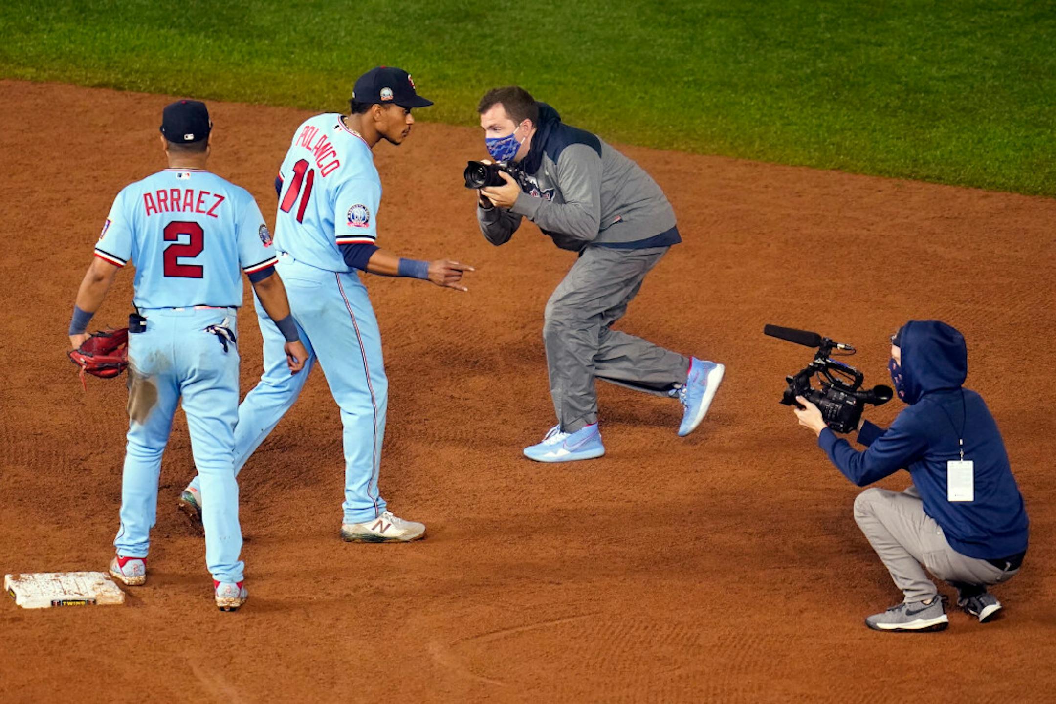 Jorge Polanco goofed around for the cameras after the Twins defeated Cincinnati on Saturday night.
