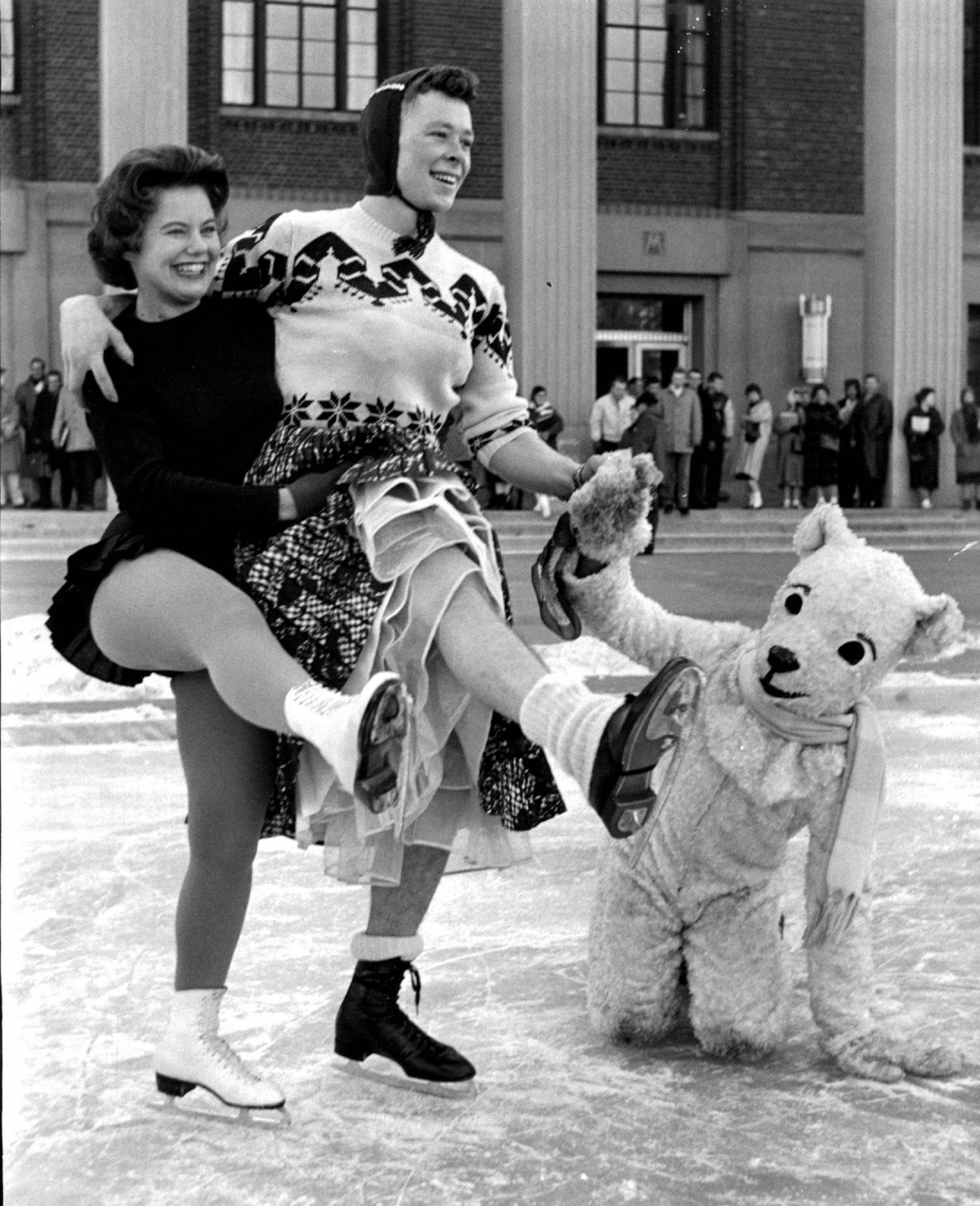 January 20,1960 Good Skates at 'U' The University of Minnesota student Snow week celebration slid into midweek Tuesday with an ice show on the mall of the main campus. Skaters were Janne Hendrickson, 5644 S. 14th Av., and Dennis Larson, 2414 Clinton Av. The tag-along polar bear was Ron Johnston, Ada, Minn. The ice show will be presented again today at 12:30 and 8:30 P.M. A ski train jaunt this weekend to Lookout mountain, Virginia, Minn., will complete Snow week activities. January 19,1960 Don B