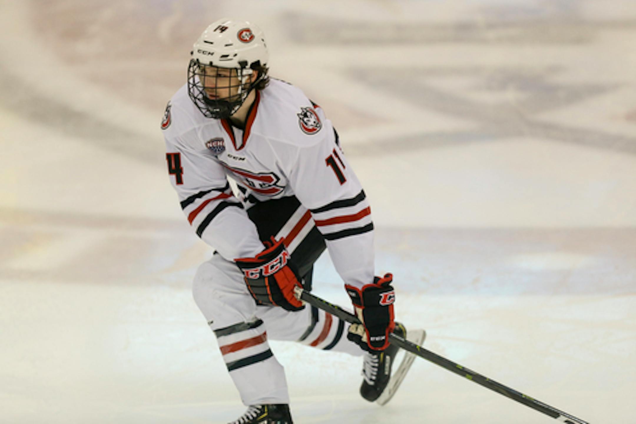 St. Cloud State's Patrick Newell against Colorado College during an NCAA hockey game on Friday, Feb. 8, 2019 in St. Cloud, Minn. (AP Photo/Andy Clayton-King)