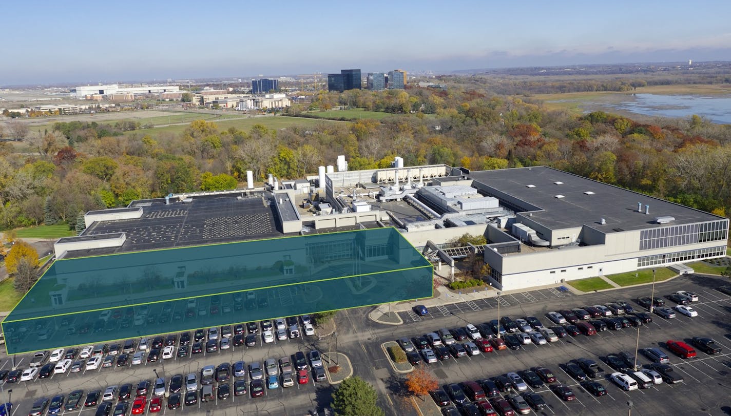 SkyWater Technology is adding a third clean room to the front of its factory in Bloomington. The area in blue is where the expansion will be built.