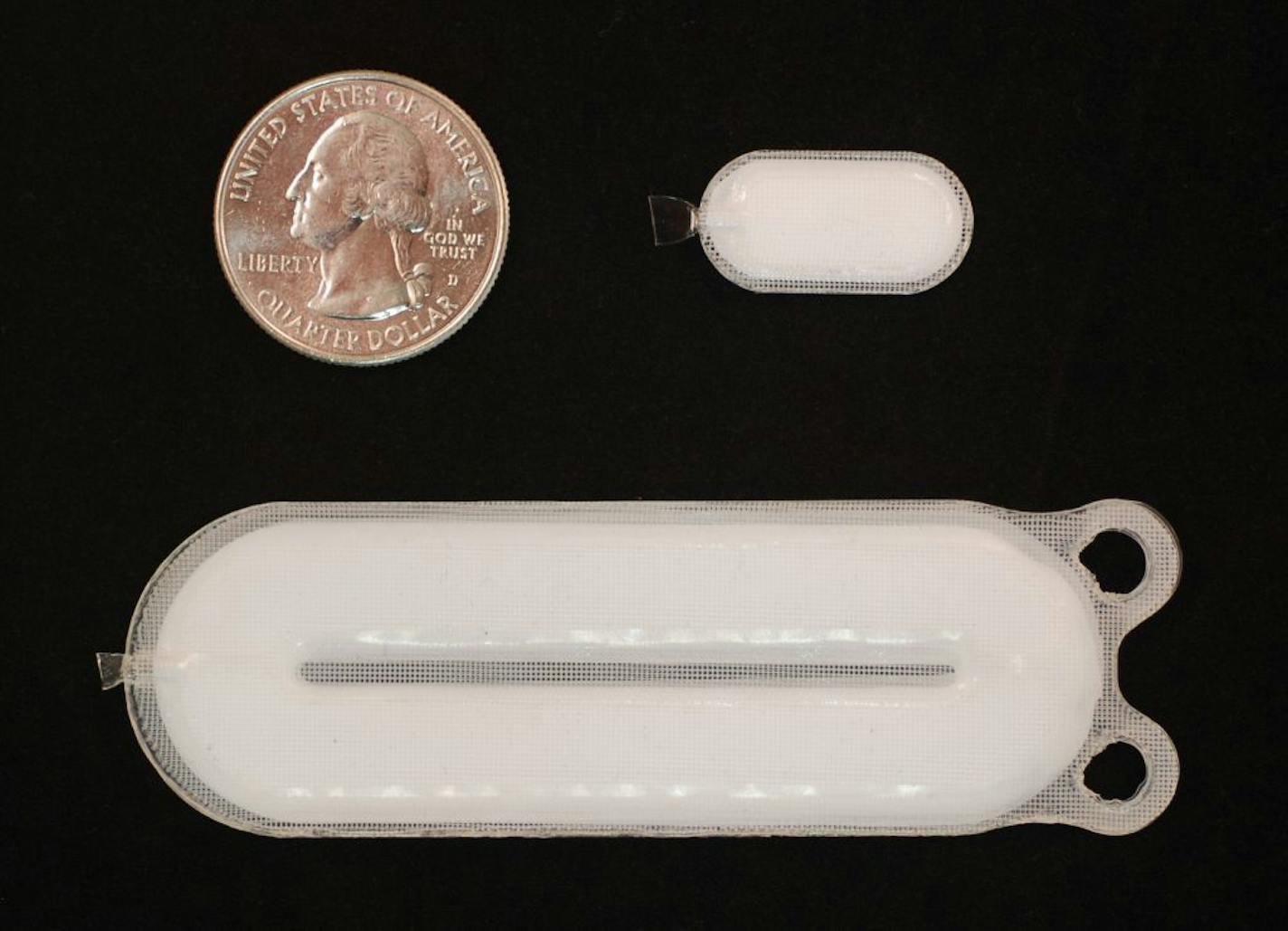 This 2016 photo provided by ViaCyte shows the Encaptra delivery system, a tightly closed pouch implanted in the arms and backs of diabetic patients. ViaCyte's second product — which the U is testing — is a pouch with small pores to increase the distribution of islets into the blood.