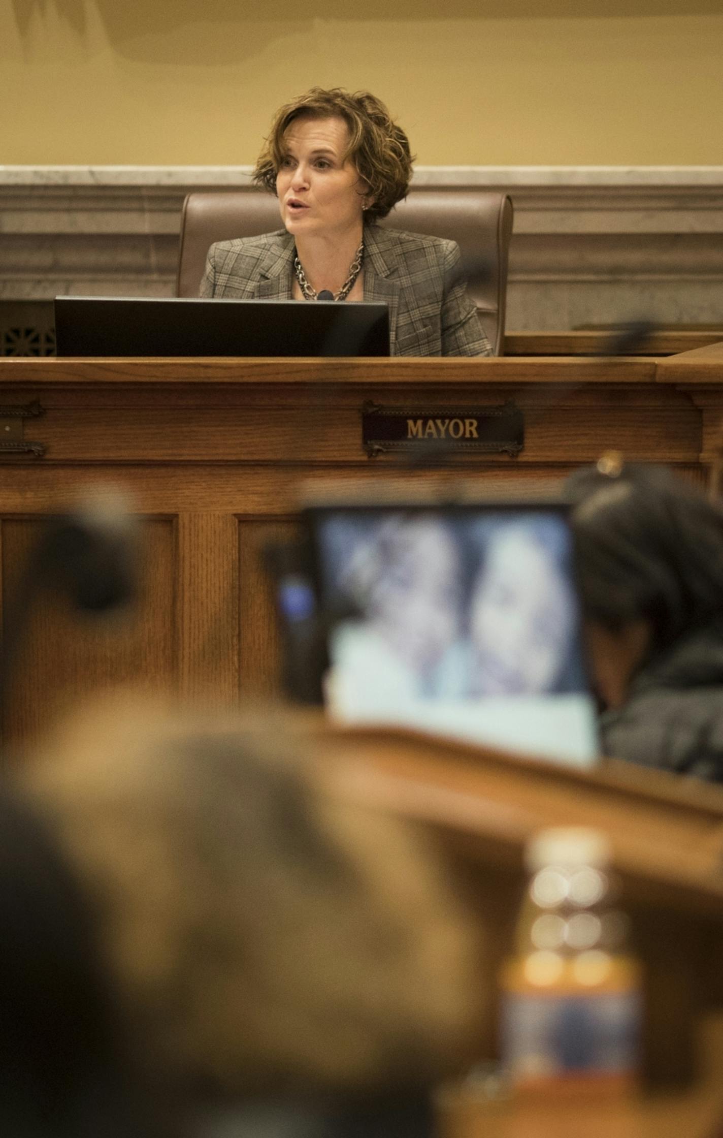 Mayor Betsy Hodges spoke at a Minneapolis City Council meeting in Minneapolis, Minn., on Tuesday, February 7, 2017.