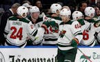 Wild center Victor Rask celebrates with the bench after his goal against the Lightning during the second period of the team's 5-4 victory at Tampa Bay