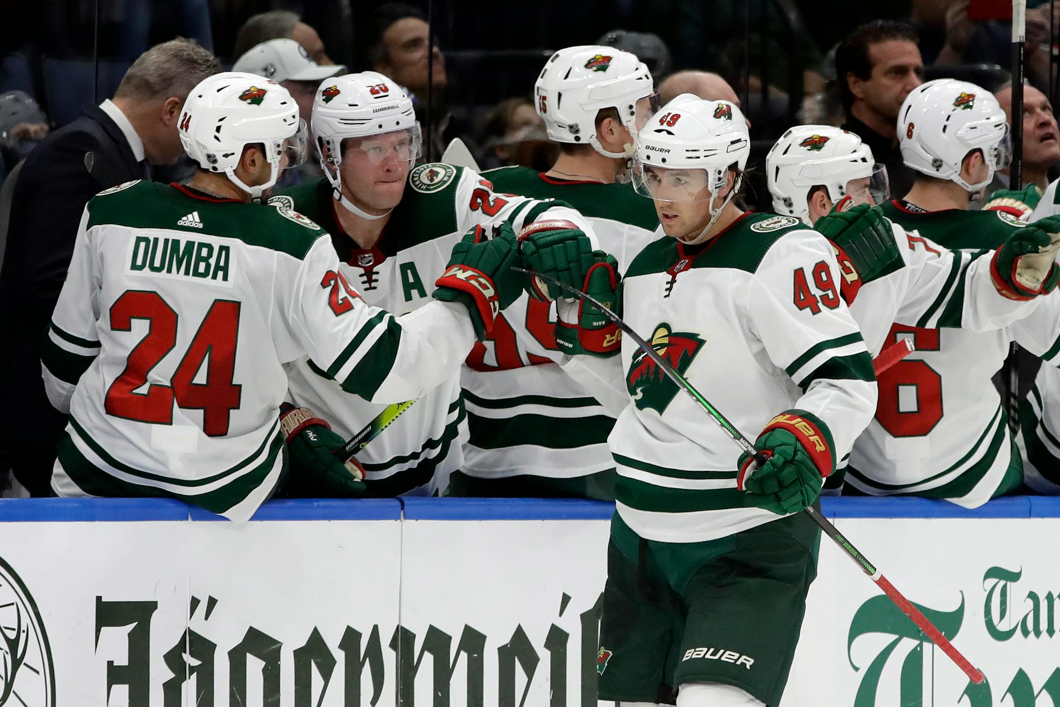 Wild center Victor Rask celebrates with the bench after his goal against the Lightning during the second period of the team's 5-4 victory at Tampa Bay.
