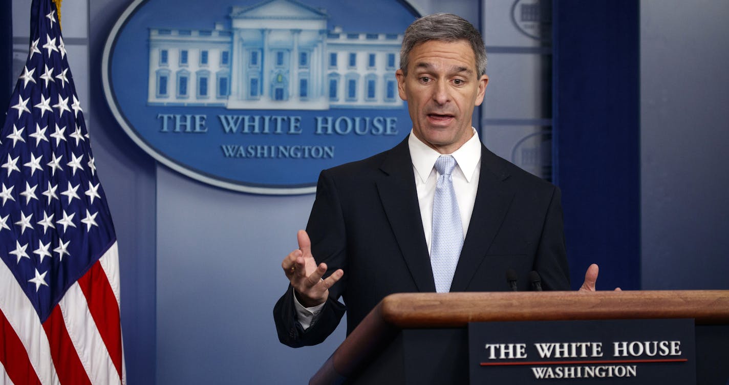 FILE - In this Aug. 12, 2019, file photo, Acting Director of United States Citizenship and Immigration Services Ken Cuccinelli, speaks during a briefing at the White House, in Washington. Cuccinelli suggested Tuesday, Aug. 13, in an interview with NPR that the line from a poem inscribed on the Statue of Liberty should be changed to &#x201c;give me your tired and your poor who can stand on their own two feet and who will not become a public charge&#x201d; from &#x201c;your tired, your poor, your