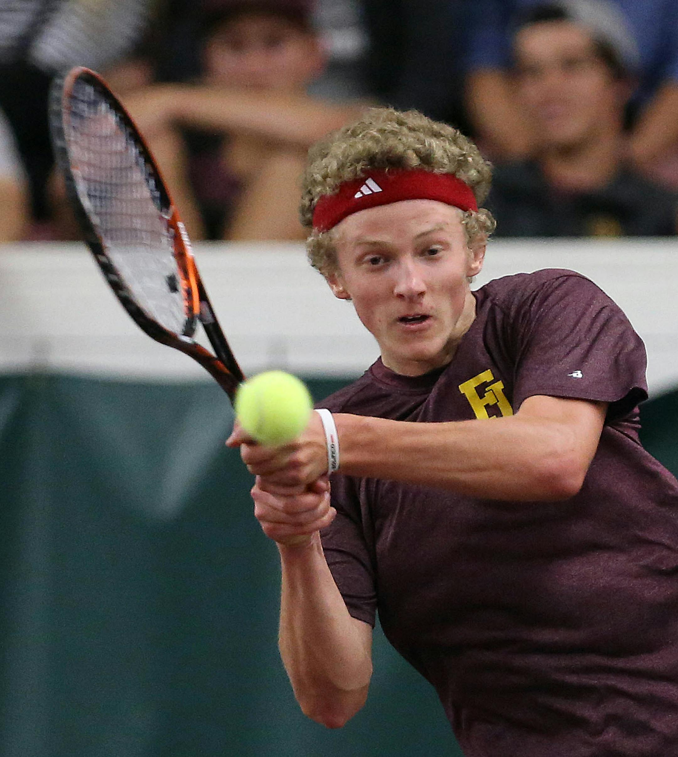 Toby Boyer, Forest Lake High School, returned the ball during the championship match. ] JIM GEHRZ ï james.gehrz@startribune.com / Minneapolis, MN / June 5, 2015 / 11:30 AM ñ BACKGROUND INFORMATION: Joshua Gearou, Elk River High School, played Toby Boyer, Forest Lake High School in the Class 2A boys' tennis individual championship match at the U of M Baseline Tennis Center. Boyer, Forest Lake High School, won the match.