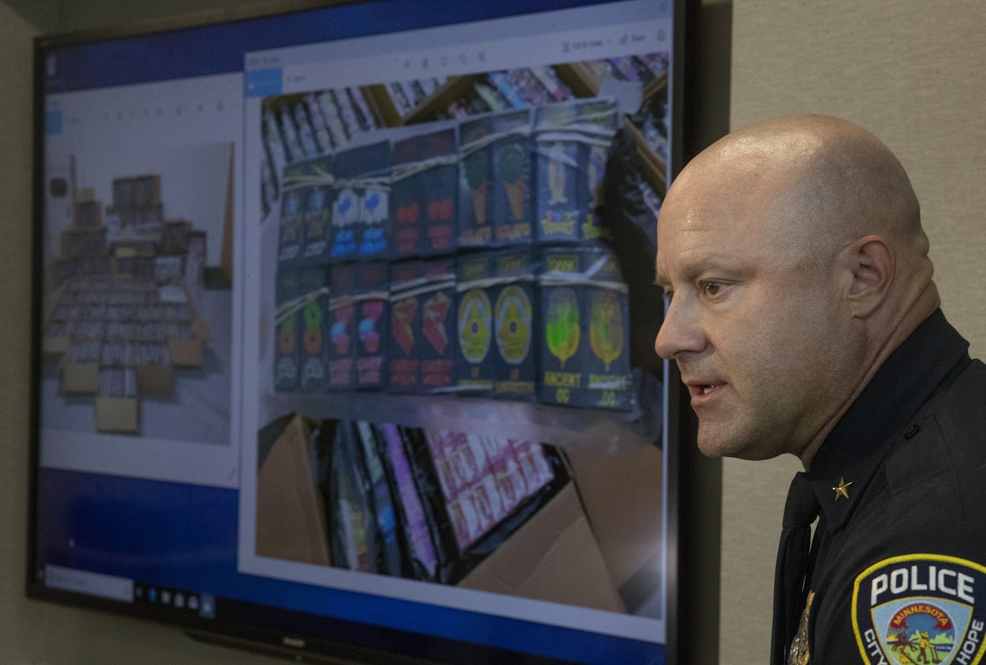 New Hope Police Chief Tim Fournier spoke about the arrest of a suspect at the New Hope Police Department.] Jerry Holt &#x2022; Jerry.holt@startribune.com The Northwest Metro Drug Task Force, and the Minnesota Departments of Public Safety held a press conference to discuss a record amount of THC vaping cartridges seized in Anoka County at the New Hope Police Department Tuesday Sept. 24, 2019 Jerry Holt