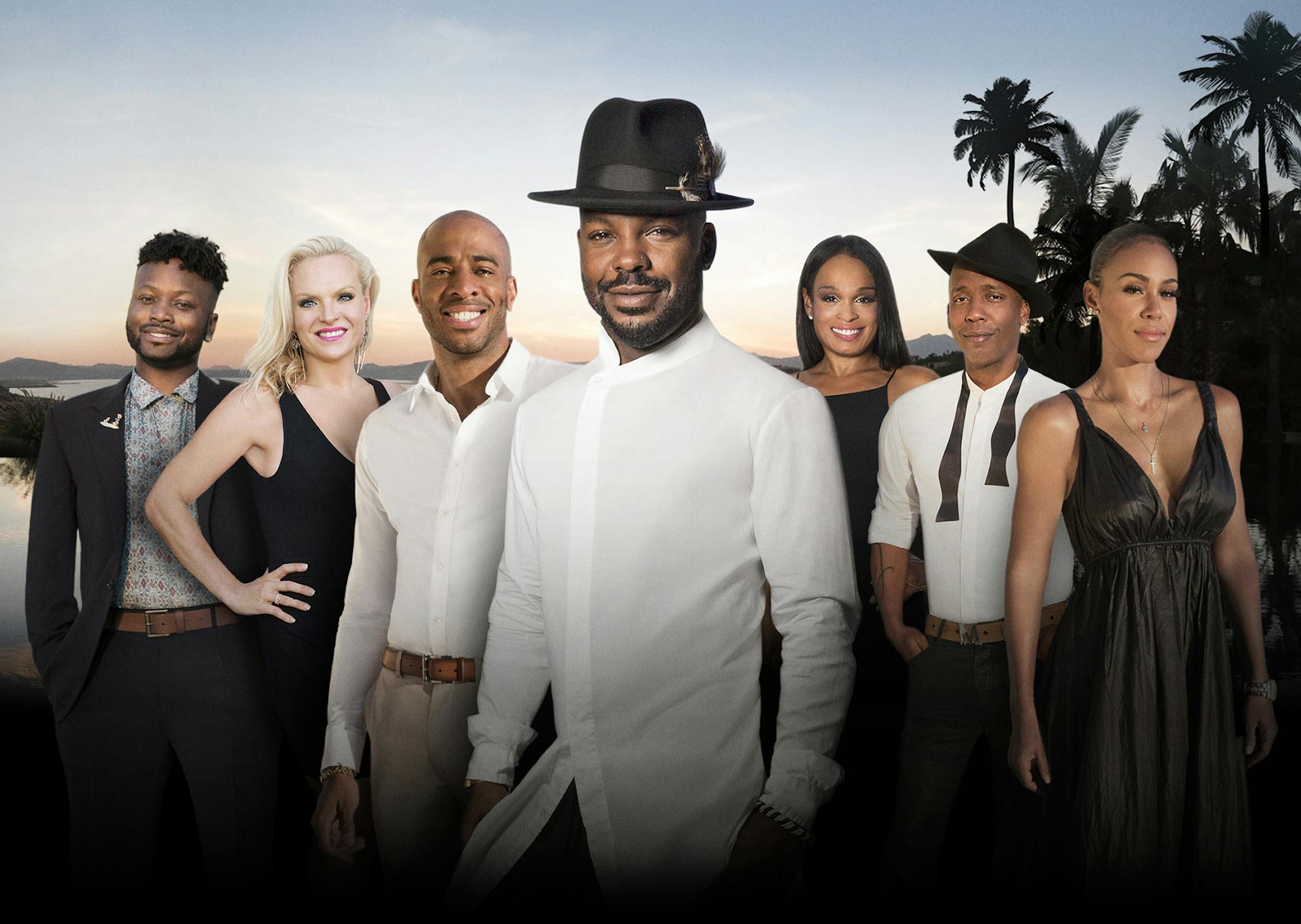 INVITE ONLY CABO -- Season:1 -- Pictured: (l-r) Malaku Quisada, Emily Moses, Agu Ukaogo "King Agu", Larry Sims, Bianca Banks, Jermane Britton, Kamani Alana -- (Photo by: Virginia Sherwood/Bravo) ORG XMIT: Season:1