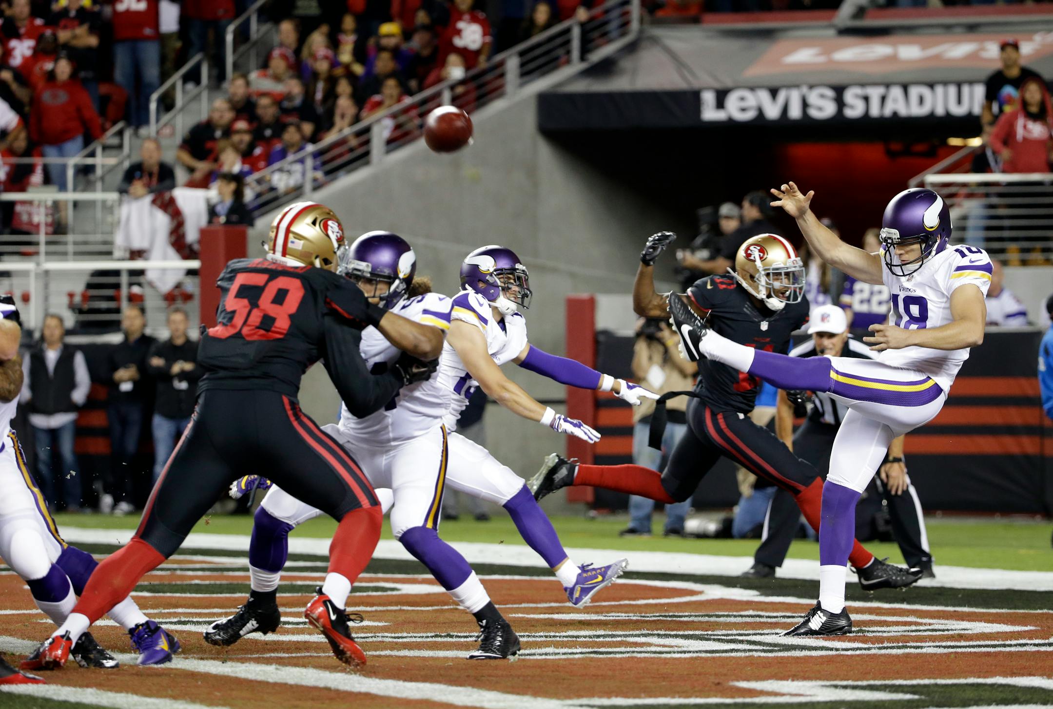 Vikings punter Jeff Locke (shown in a 2015 game against the 49ers) has booted away competition through the first four practices of training camp.