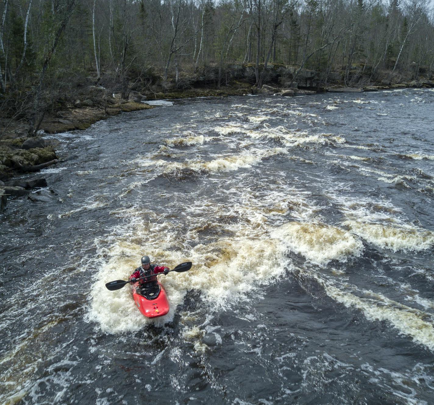 As the spring waters begin to flow kayakers are hatching on river rapids around the state. Jim Blake surfs the Blueberry Slide rapids on the Kettle River at Banning State Park. ] BRIAN PETERSON &#xef; brian.peterson@startribune.com
Sandstone, MN 04/12/2017