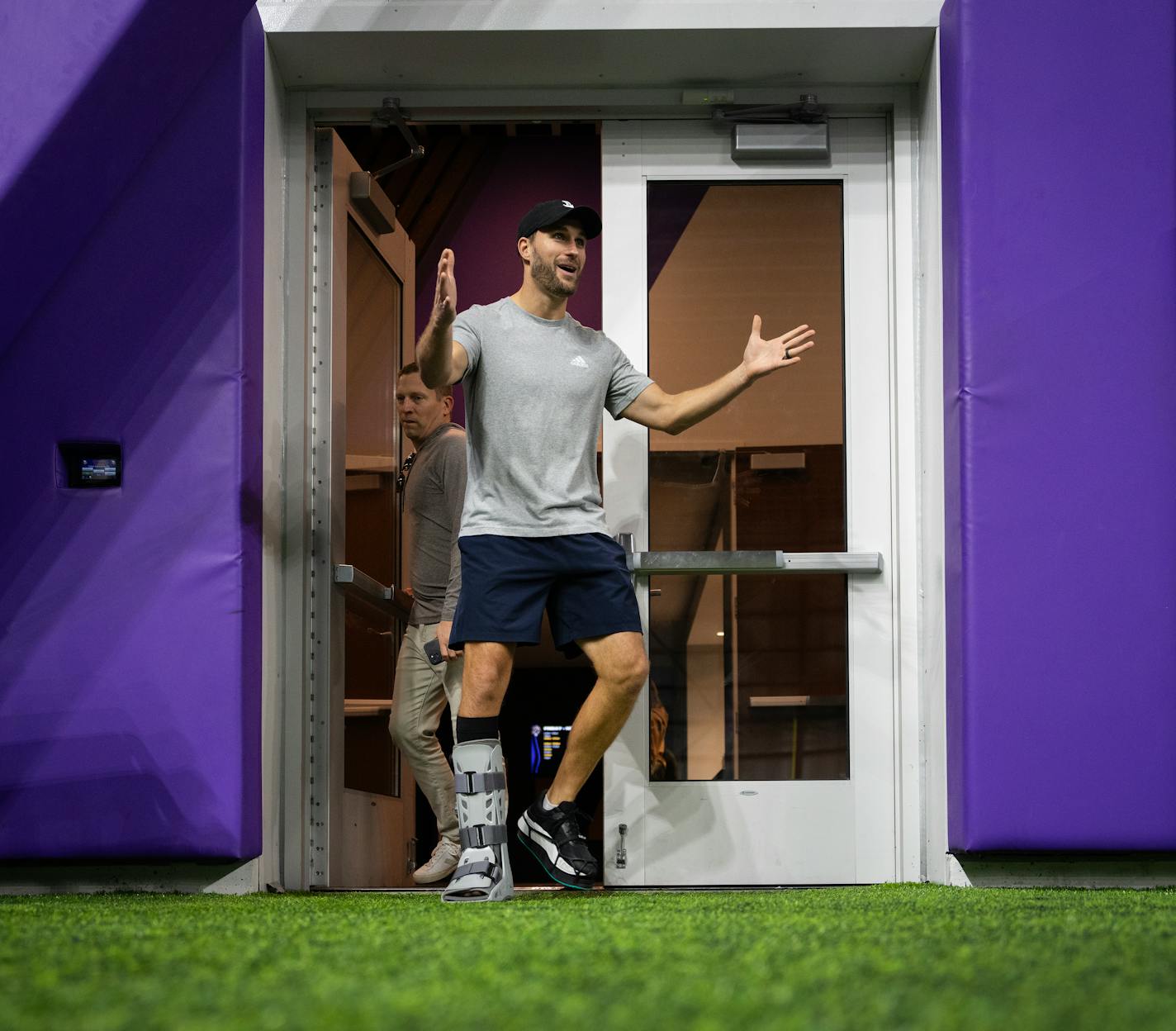 For the first time since tearing his achilles tendon, Minnesota Vikings quarterback Kirk Cousins speaks at a press conference at the TCO Performance Center in TCO Performance Center, Minn., on Friday, Nov. 17, 2023. ] SHARI L. GROSS • shari.gross@startribune.com