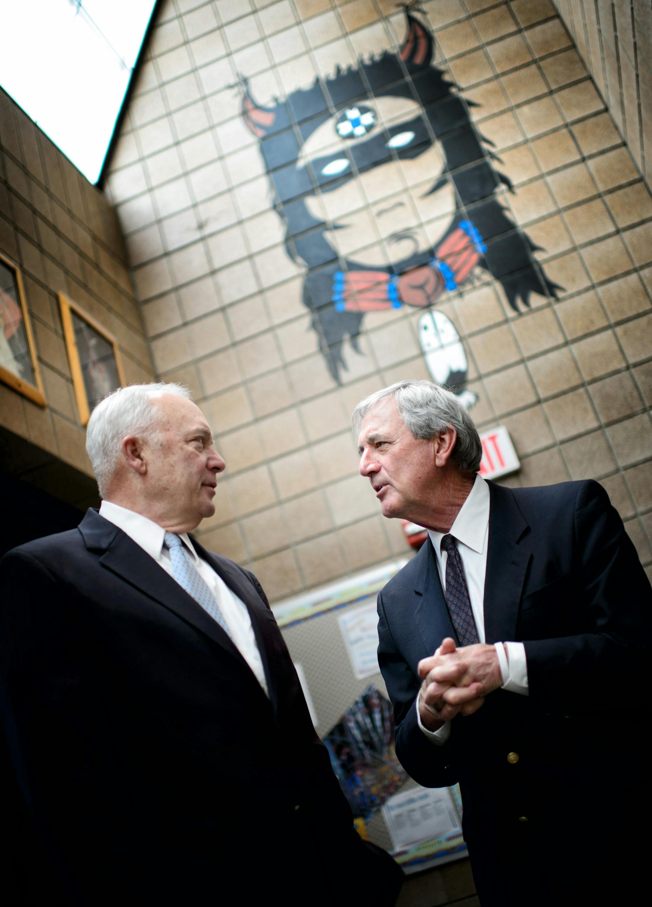 Rep. John Kline and Rep. Rick Nolan visited the Bug-O-Nay-Ge-Shig school run by the Leech Lake Band of Ojibwe, to try to drum up support for a federal infusion of needed money into the troubled federal Indian school system.