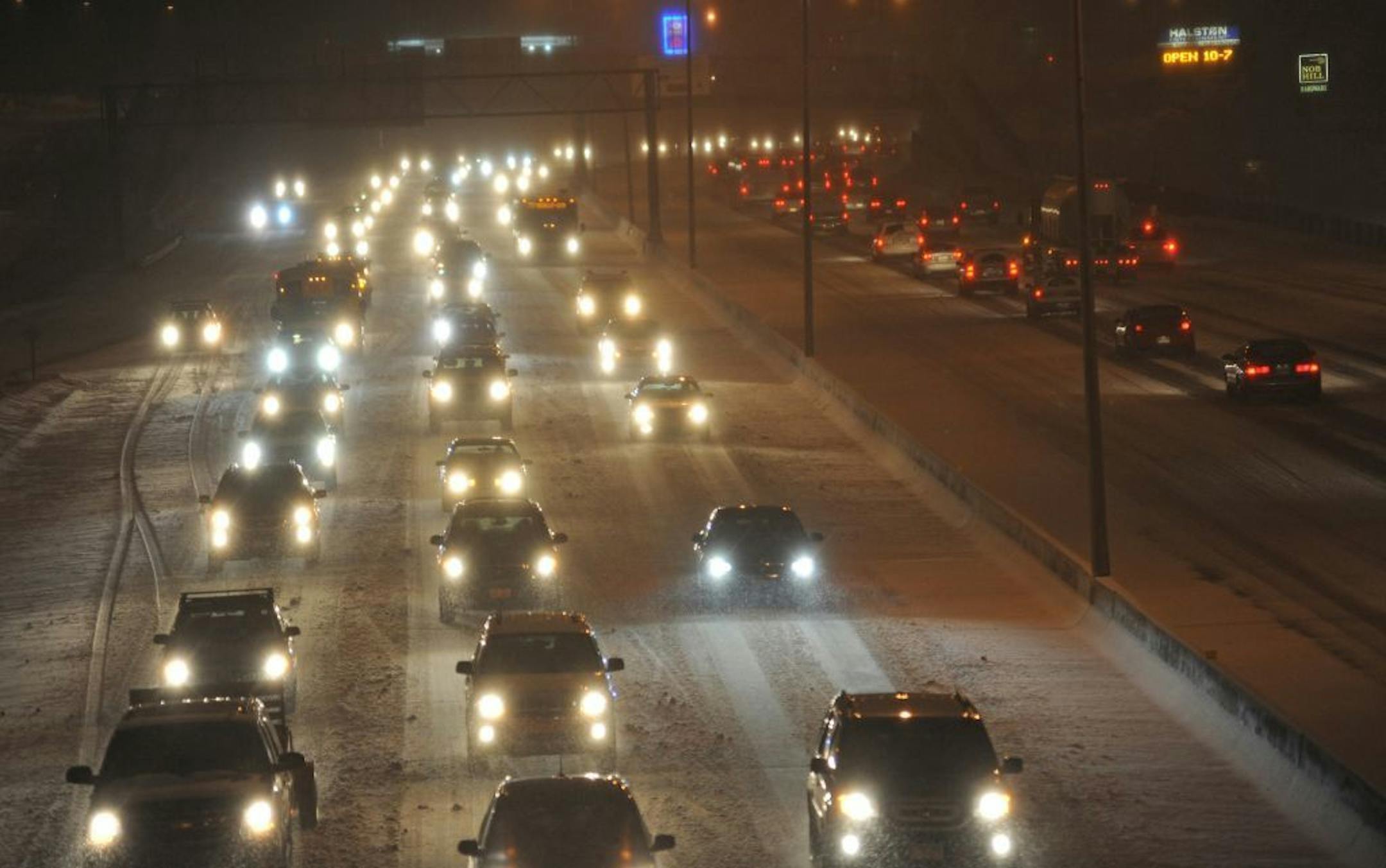 The morning commute was slow going on I-394 in St Louis Park. Traffic was crawling through at about 30 mph with 2 inches of snow on the ground.