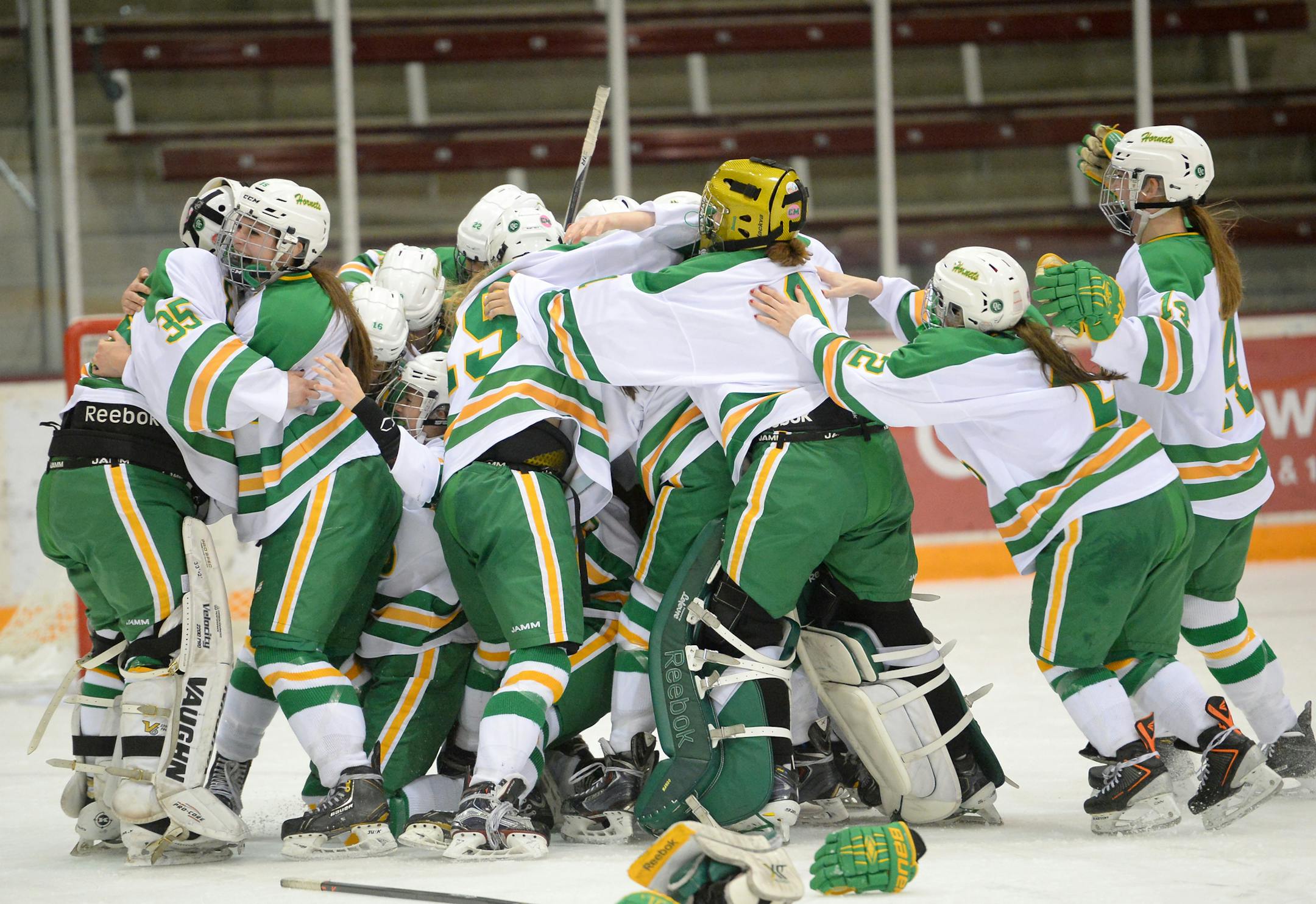 Edina celebrated their 6-0 victory over Wayzata Friday night. ] (AARON LAVINSKY/STAR TRIBUNE) aaron.lavinsky@startribune.com Edina played Wayzata in the Class 2A, Section 6 Finals on Friday, Feb. 12, 2016 at Ridder Arena in Minneapolis, Minn.