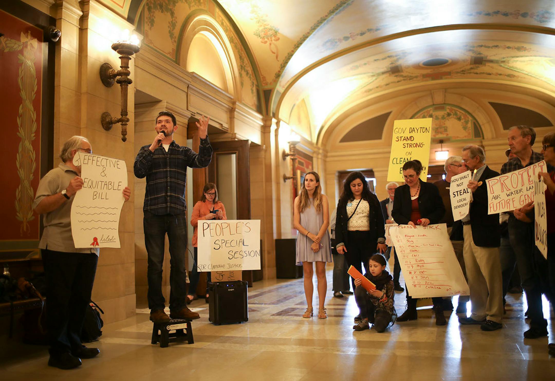 Andy Pearson spoke against an oil pipeline going through the state at a "People's Special Session for Climate Justice" outside the Governor's office late Monday afternoon.