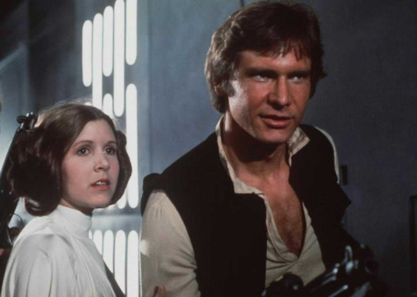 Carrie Fisher and Harrison Ford star in the original "Star Wars" movie.