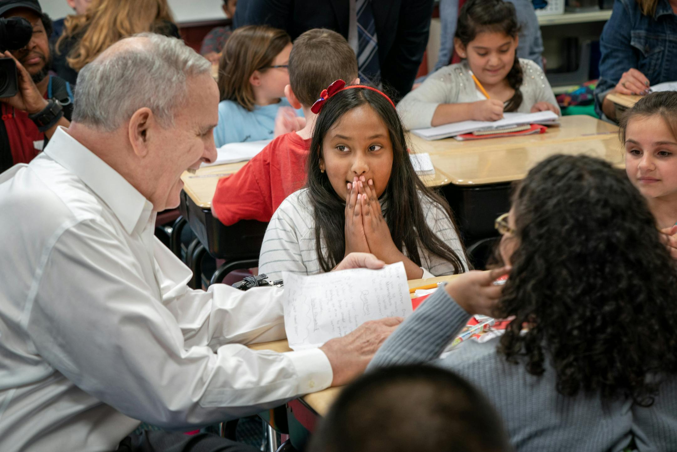 Third grader Aruna Doobay was excited when Governor Dayton offered to sign the essay she wrote about his visit to her school. Governor Dayton visited a third grade classroom at Parkview Elementary school in Rosemount to bring attention to the need for emergency aid to schools. ] GLEN STUBBE • glen.stubbe@startribune.com Wednesday, May 9, 2018 Gov. Dayton brings his appeal for emergency school aid to the schools. He will visit Rosemount on Wednesday to discuss how the $137.9 million propos