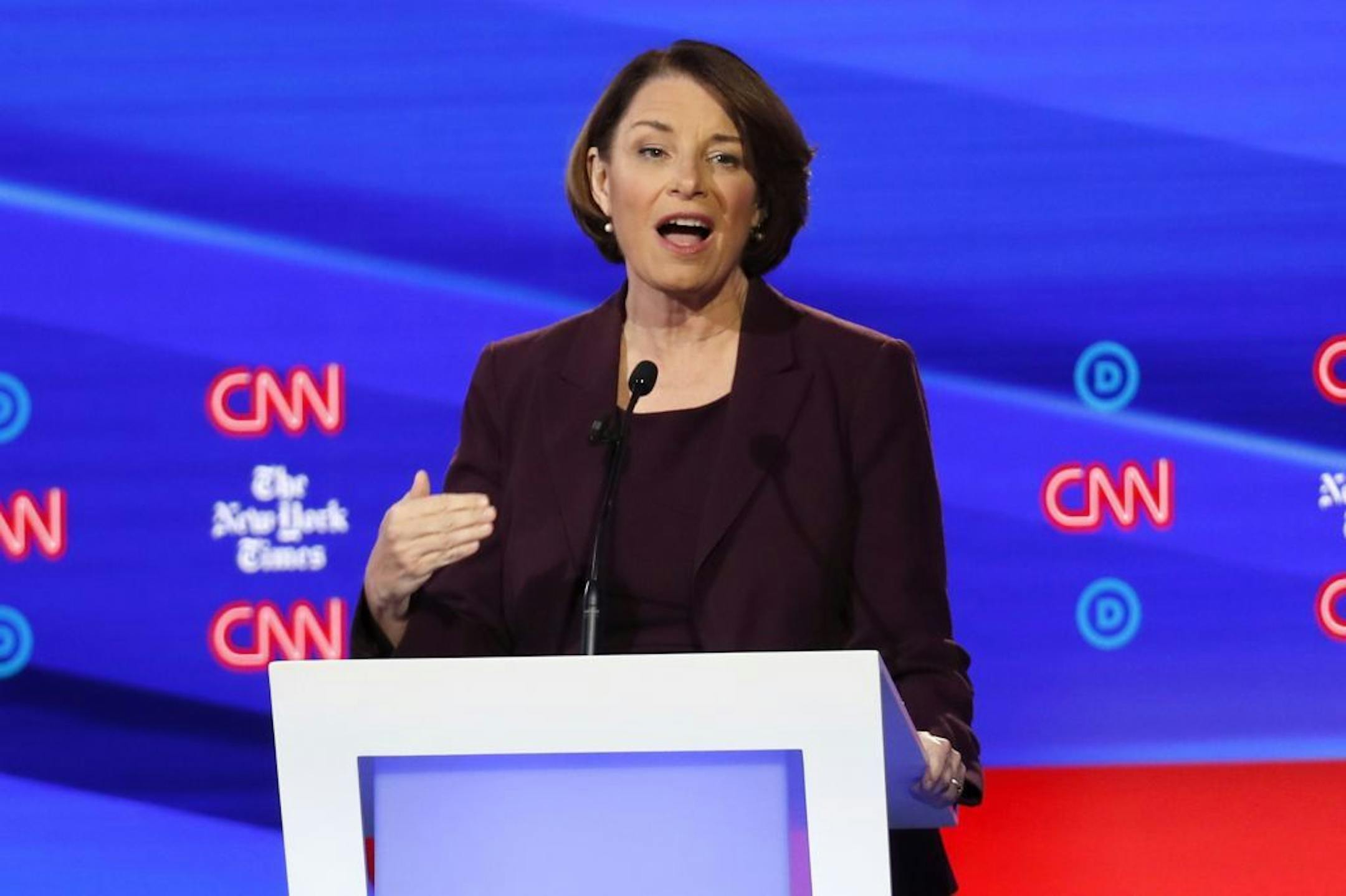 Democratic presidential candidate Sen. Amy Klobuchar, D-Minn., speaks during a Democratic presidential primary debate hosted by CNN/New York Times at Otterbein University, Tuesday, Oct. 15, 2019, in Westerville, Ohio.