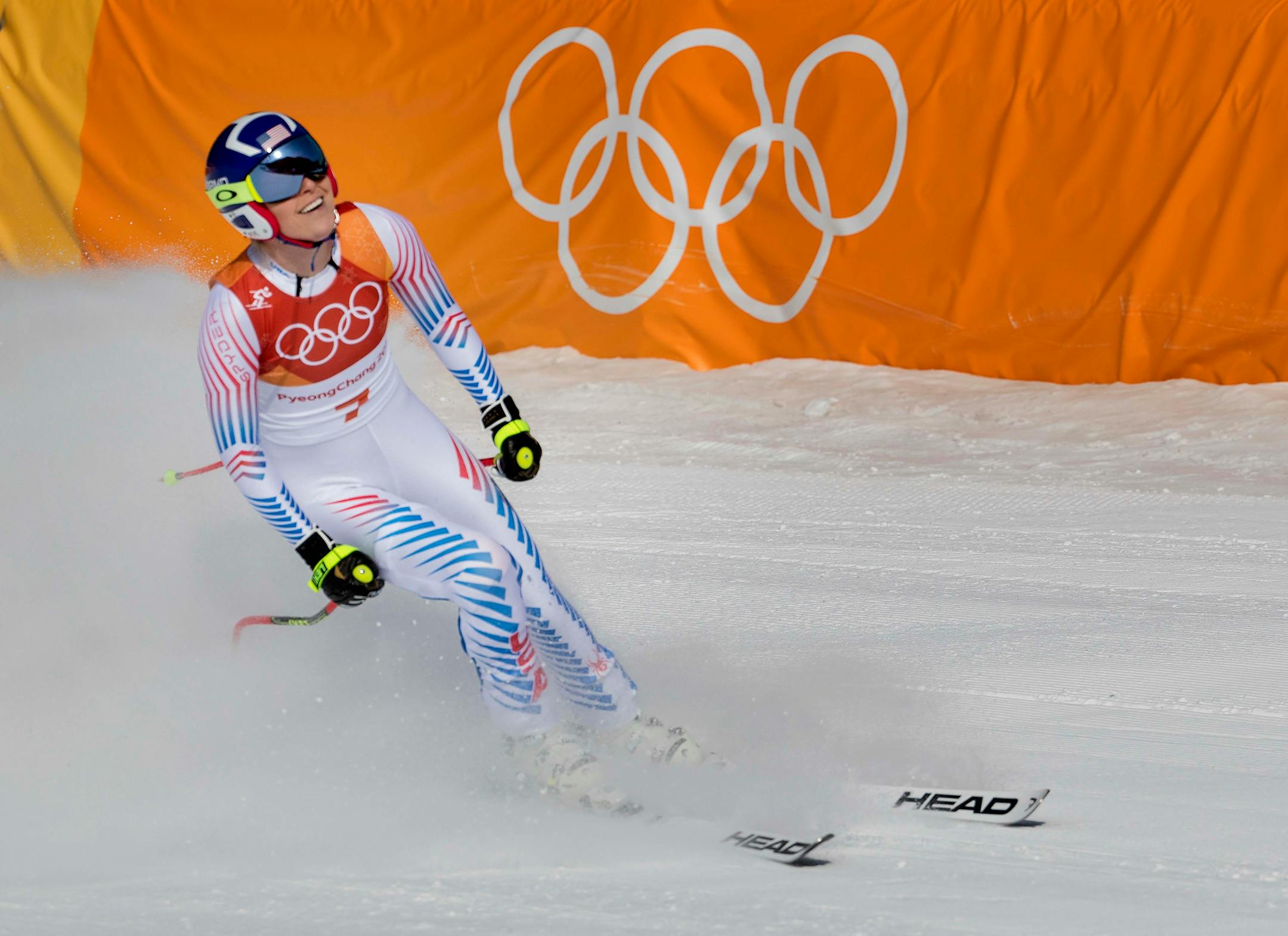 Lindsey Vonn reacted after her run at the Women's Downhill Jeongseon Alpine Centre on Wednesday. ] CARLOS GONZALEZ ï cgonzalez@startribune.com - February 21, 2018, South Korea, 2018 Pyeongchang Winter Olympics, Jeongseon Alpine Centre, Women's Downhill Skiing