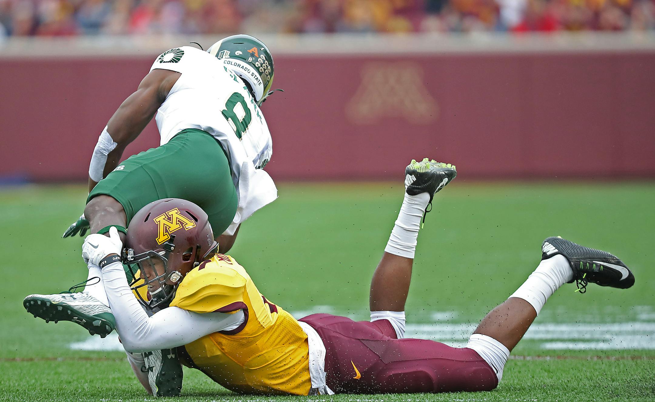 Minnesota's defensive back Damarius Travis stopped Colorado State's wide receiver Detrich Clark in the second quarter as the Gophers took on Colorado State at TCF Bank Stadium, Saturday, September 24, 2016 in Minneapolis, MN. ] (ELIZABETH FLORES/STAR TRIBUNE) ELIZABETH FLORES • eflores@startribune.com
