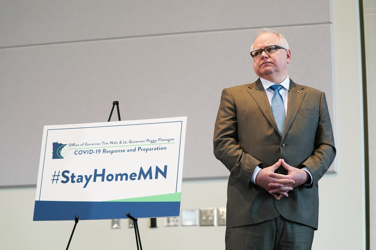 Minnesota Governor Tim Walz Minnesota Governor Tim Walz spoke at a press conference to discuss the state response to COVID-19. ] GLEN STUBBE &#x2022; glen.stubbe@startribune.com Wednesday, March 18, 2020 Minnesota Governor Tim Walz spoke at a press conference to discuss the state response to COVID-19 along with MMB Commissioner Myron Frans, Employment Commissioner Steve Grove, Deputy Education Commissioner Heather Mueller, and Assistant Health Commissioner Dan Huff.