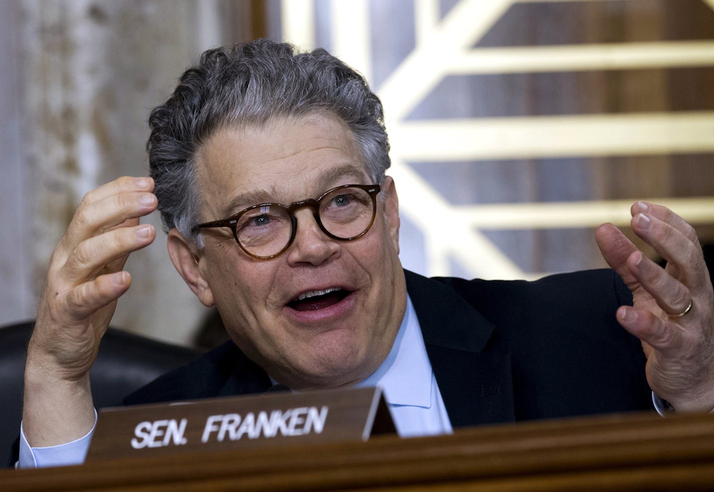 FILE - In a Nov. 15, 2017 file photo, Sen. Al Franken, D-Minn., speaks during the Energy and Natural Resources Committee hearing on Capitol Hill in Washington. Franken held a brief press conference in Washington on Nov. 27, as he seeks to move past recent reports that he has groped several women in the last decade.