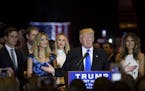 Donald Trump, flanked by his family, spoke Tuesday night in New York after his Indiana primary victory. Trump's wife, Melania, is at right, and daught